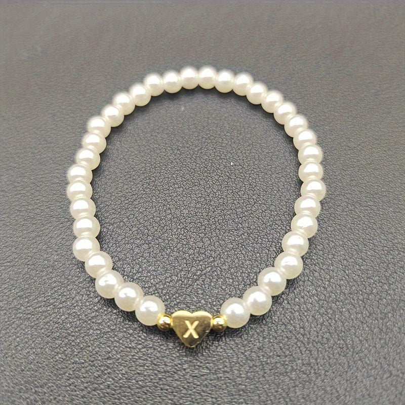 1pc Classic Initial A-Z Lettering Heart Faux Pearl Beaded Bracelet, Elegant Party Jewelry Birthday Gift For Teen Girls