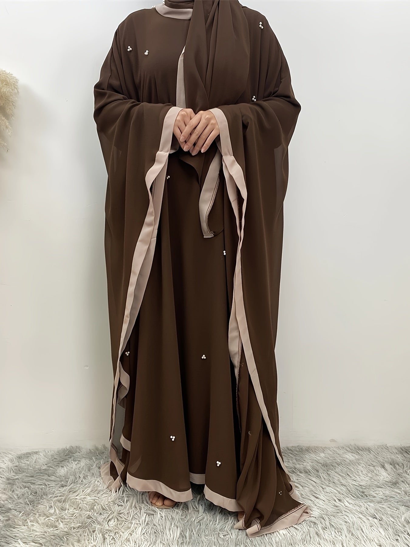Beaded Contrast Trim Modest Dress, Elegant Batwing Sleeve Loose Maxi '/MH