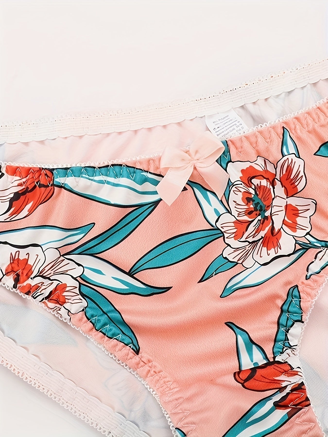 Floral Print Bra & Panty, Bow Decor Plunge Bra & Panties Lingerie Set, /MH