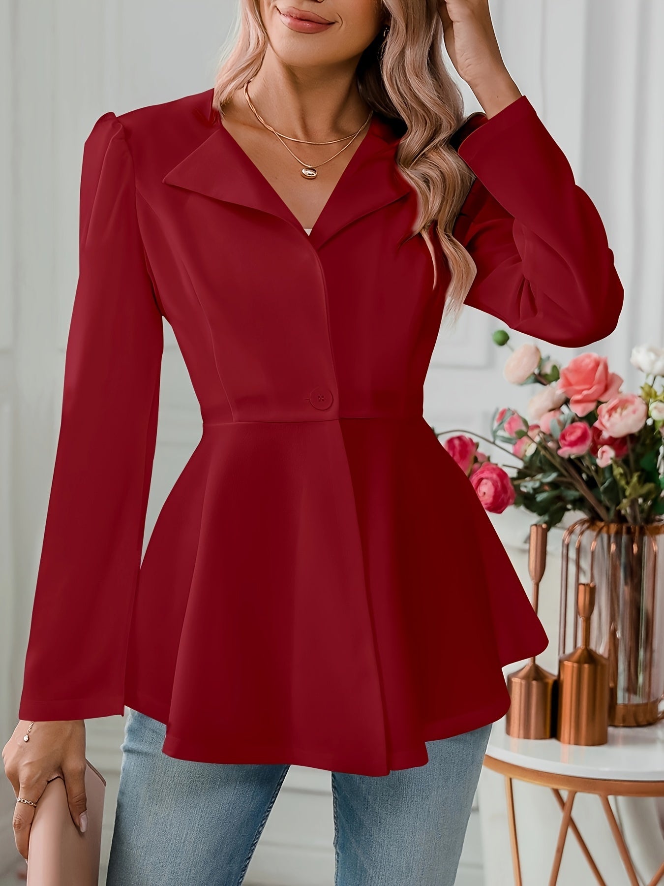 Notched Collar Flare Blazer, Elegant Long Sleeve Button Front Coat,
