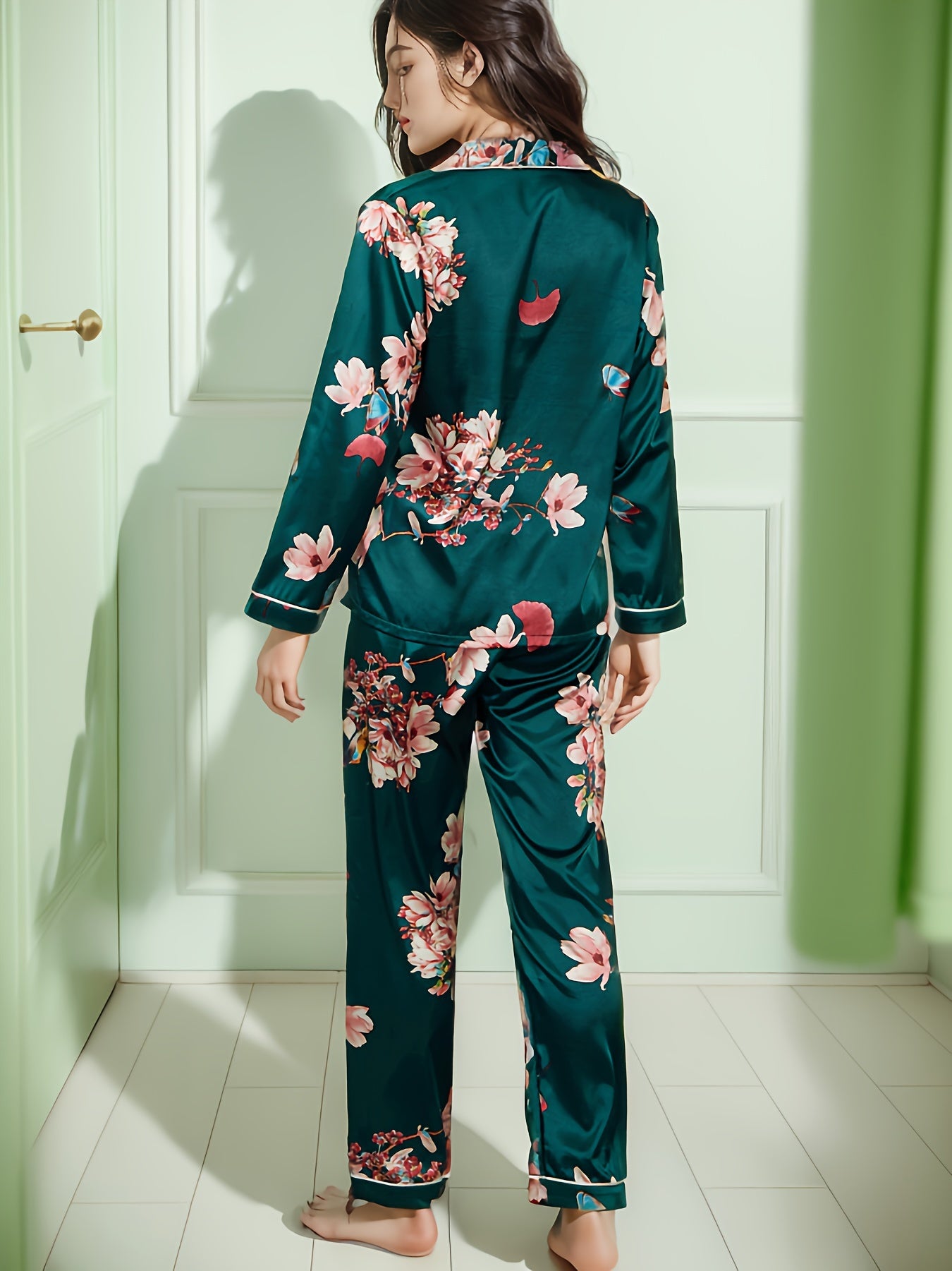 Floral Print Satin Pajama Set,
