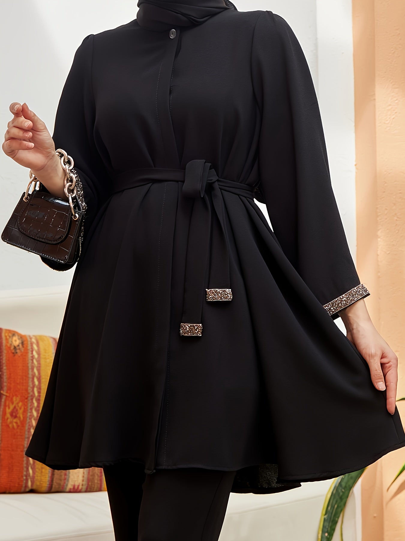 Contrast Trim Belted Button Front Kaftan Shirt, /MH