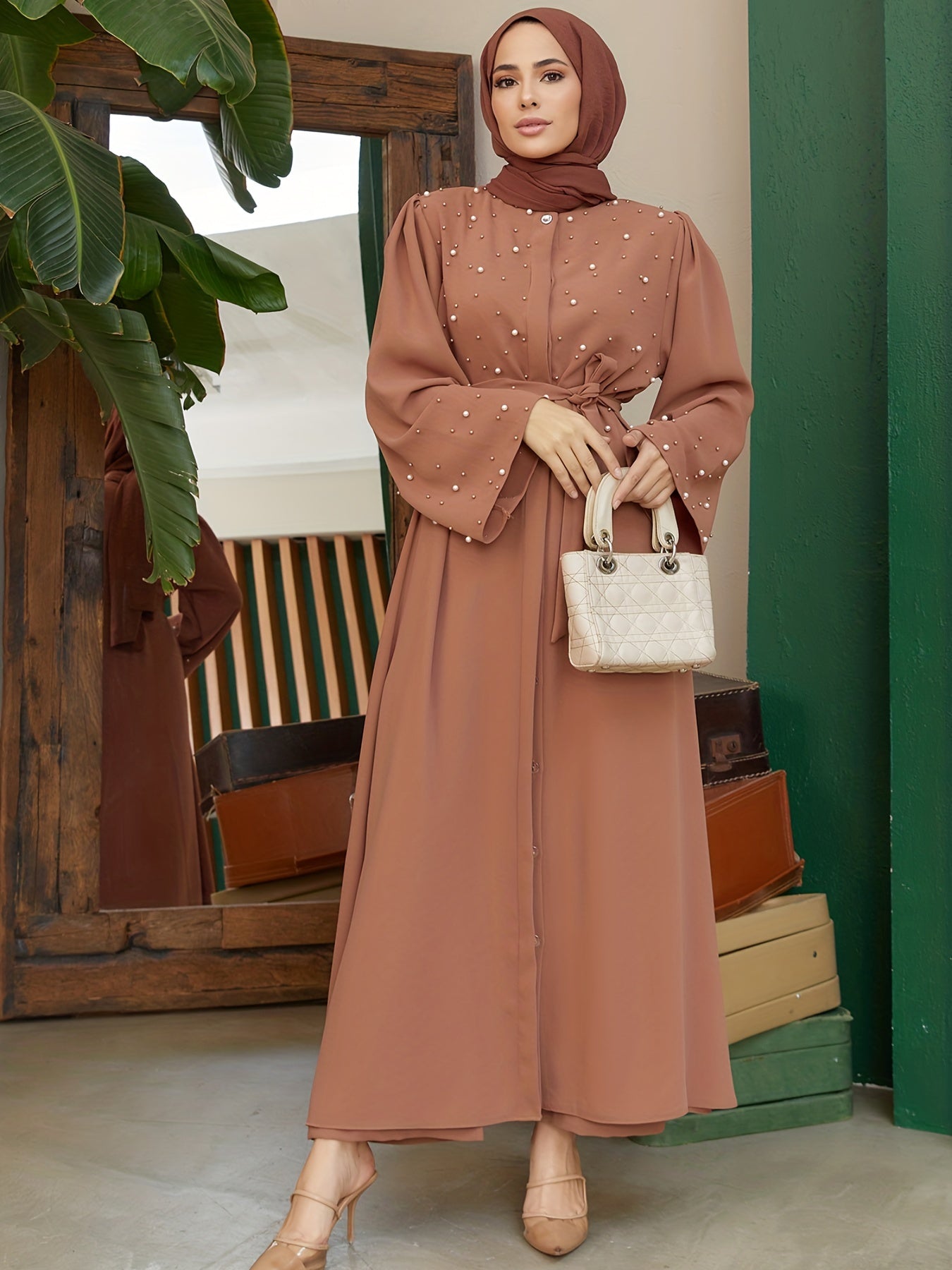 Elegant Navy Blue Abaya with Pearl Embellishments and Belt -/MH
