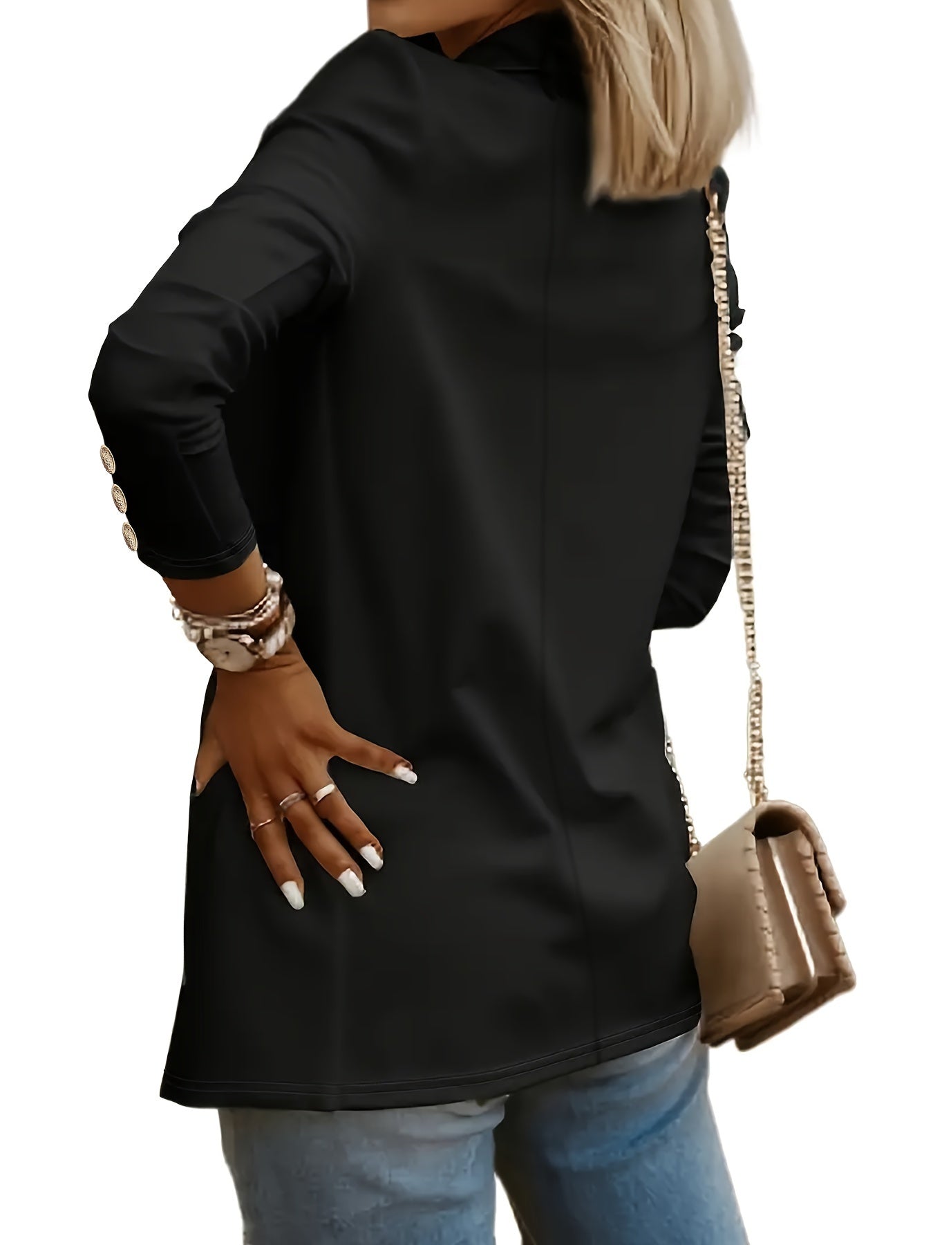 Solid Open Front Lapel Blazer, Elegant Button Decor Long Sleeve Blazer.