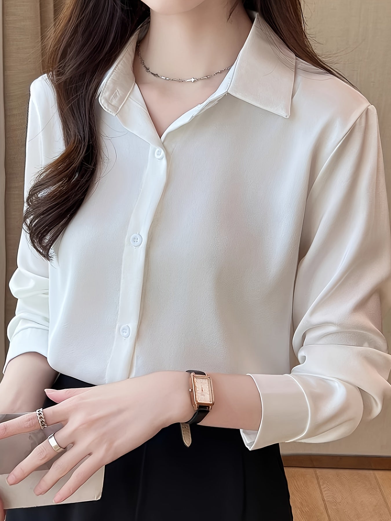 Luxury Feel Wrinkle-Resistant Satin Shirt for Women | Solid Color