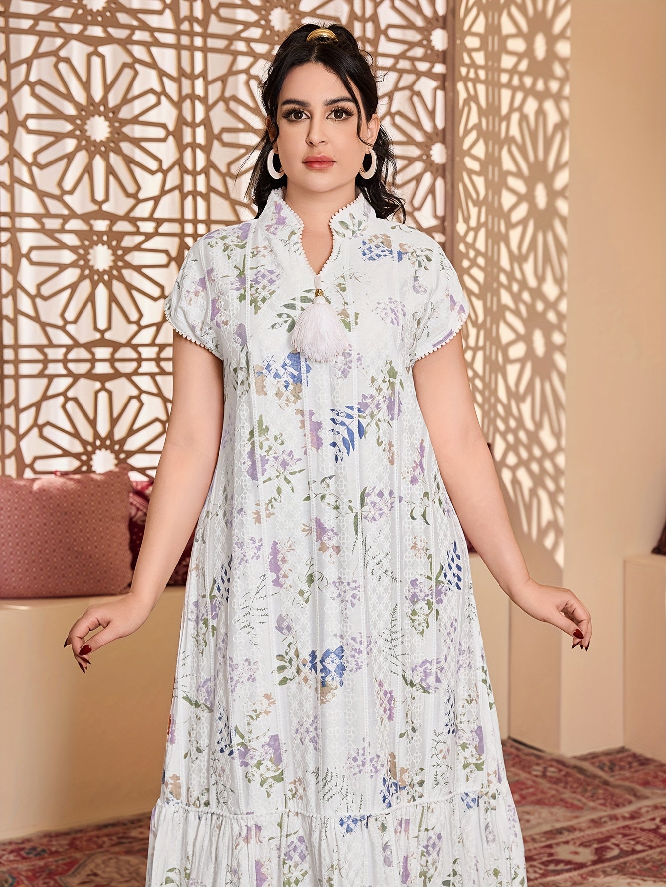[Floral Jalabia Dress] Floral Print Elegant Jalabia Dress | V-Neck,/MH