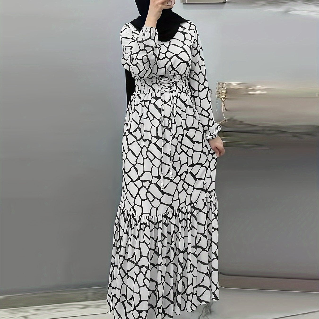 Allover Print Maxi Kaftan Dress, Casual Long Sleeve '/MH