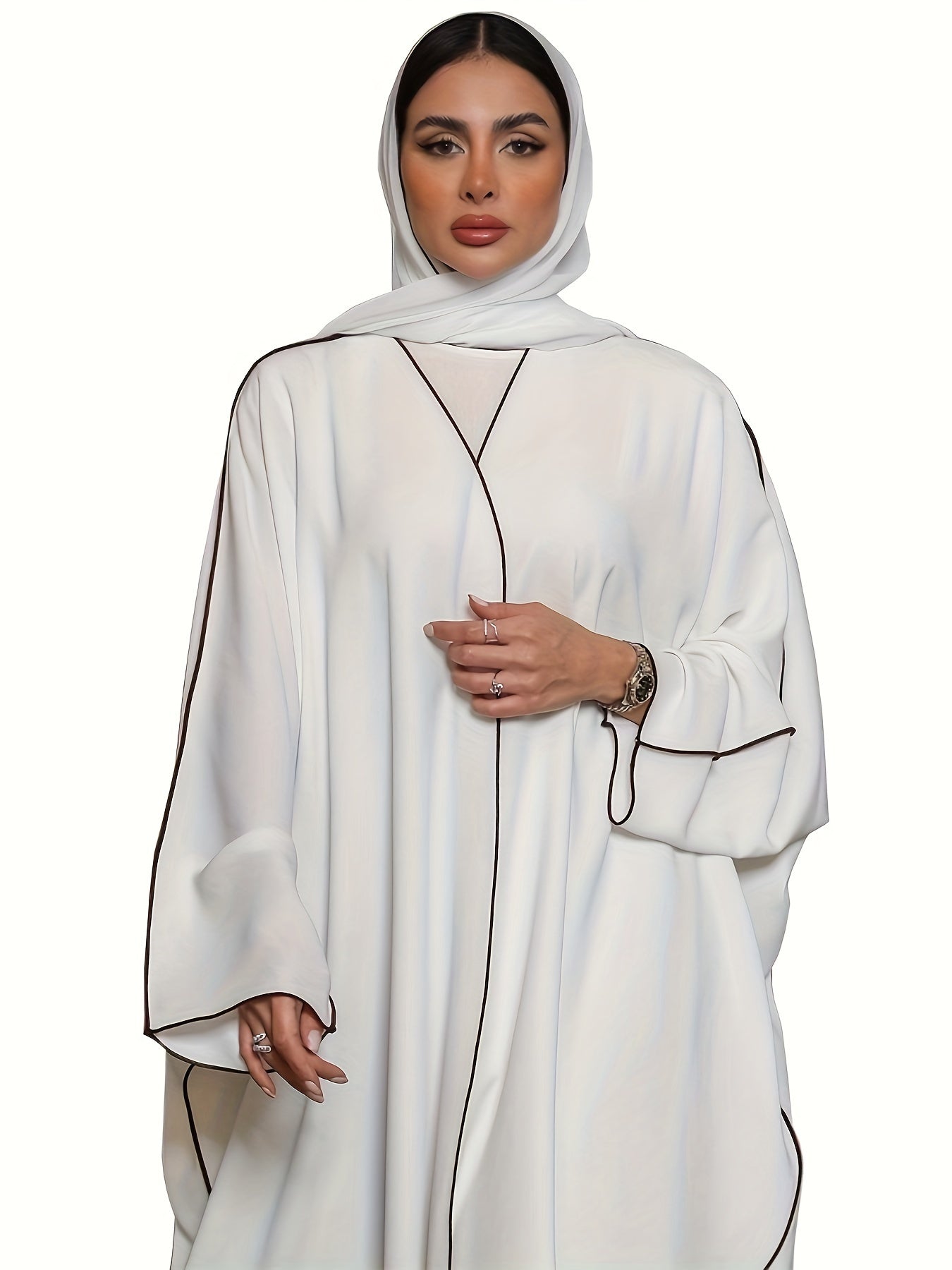 Solid Crew Neck Long Sleeve Kaftan Dress, /MH