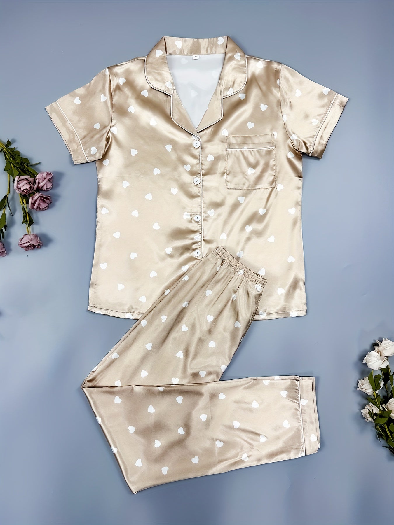 Heart Print Pajama Set, Short Sleeve Buttons Top & Elastic Waistband Pants,