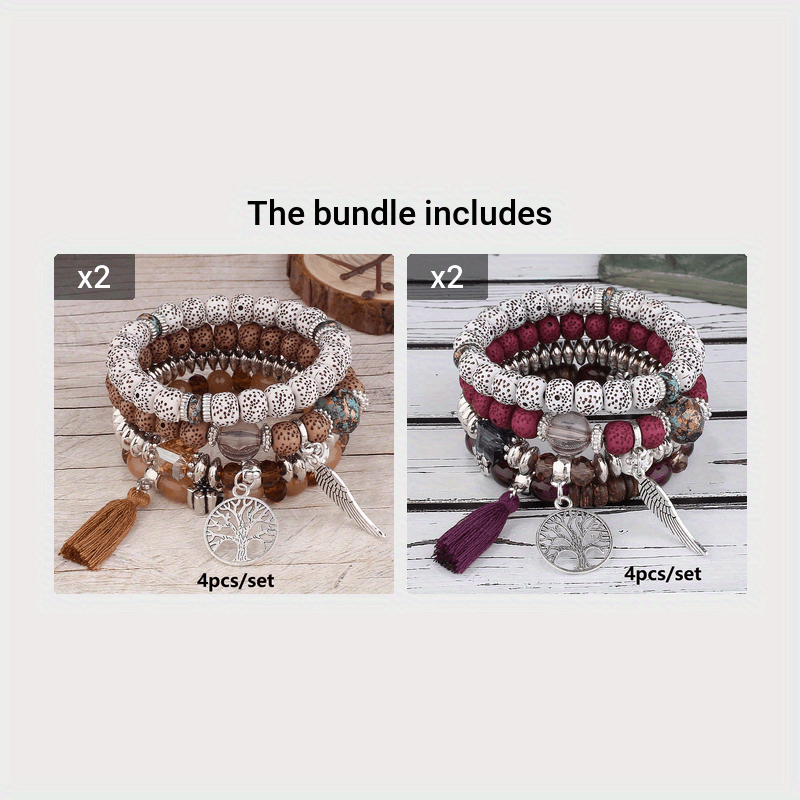4pcs/set Bohemian Hand String, Tree Of Life Feather Wings Pendant Bracelet, Tassel Couple Handmade Unisex Bracelet, Father's Day Gift