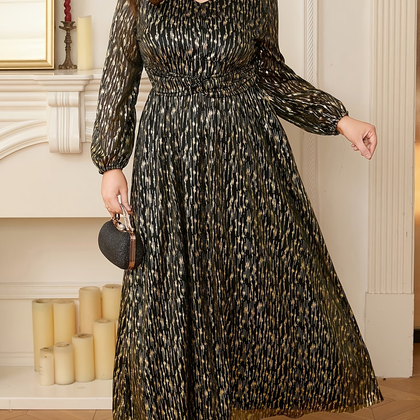 [Elegant Maxi Dress] Plus Size Elegant Maxi Dress | Long Sleeve V-./MH