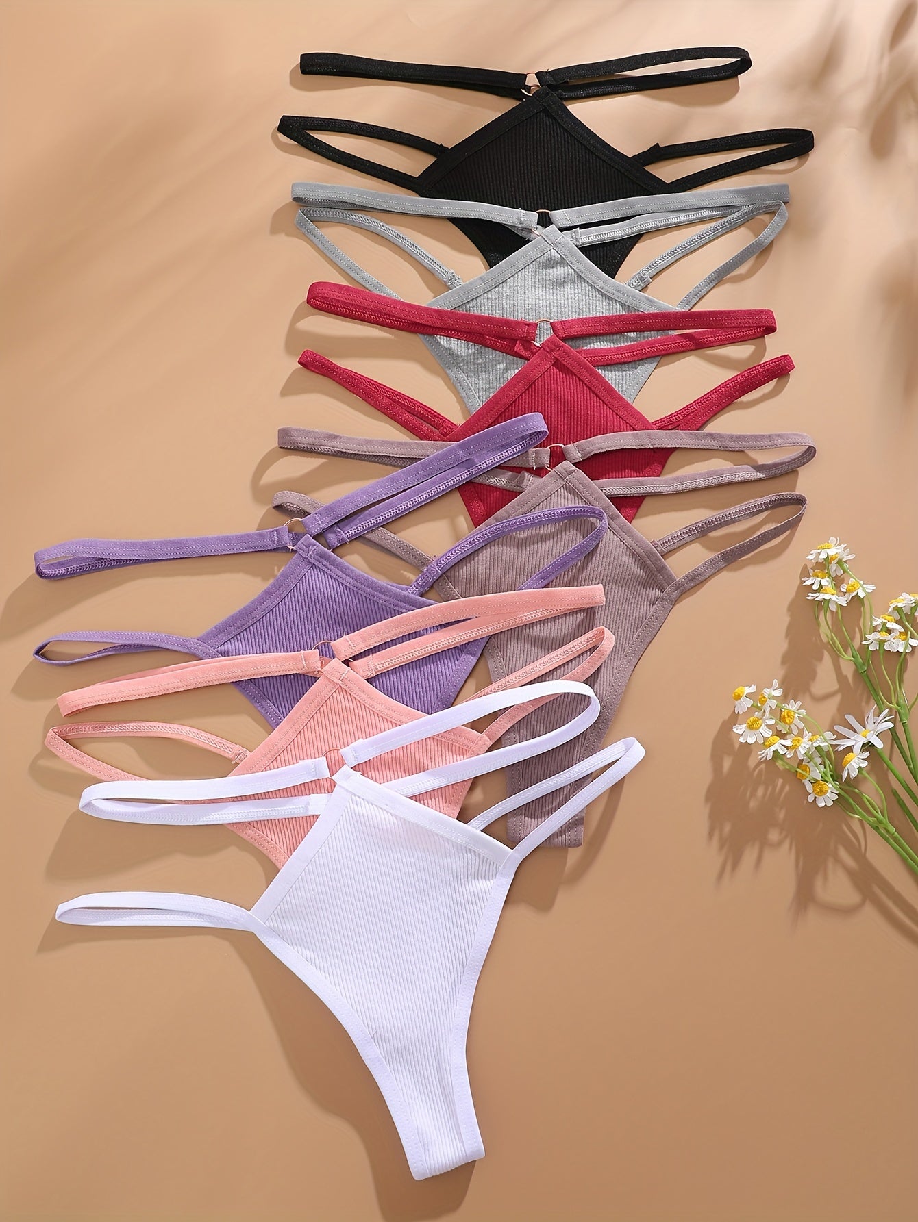 7pcs Solid Ring Linked Straps Thongs, Sexy Comfy Breathable Stretchy Intimates '/MH