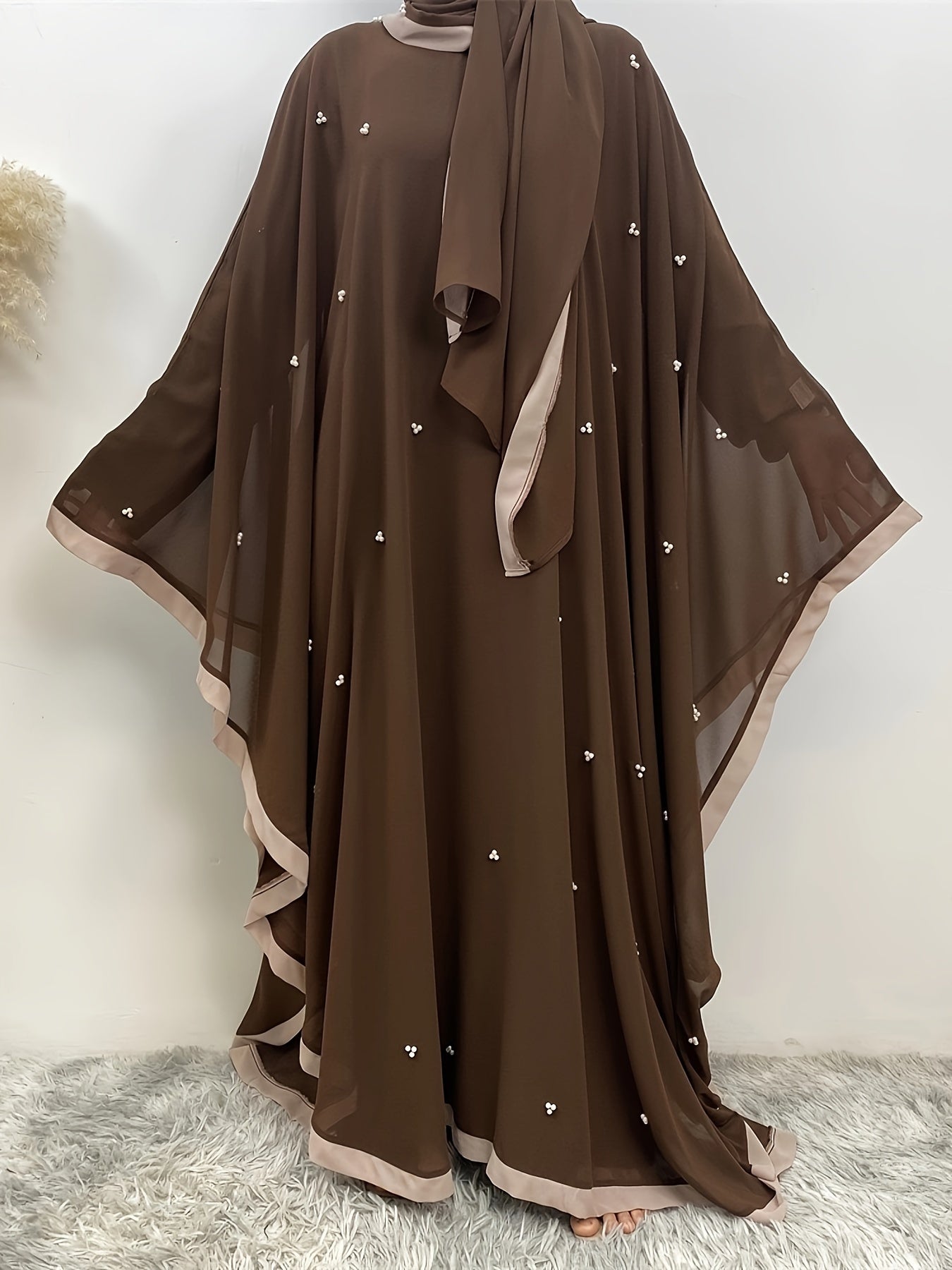 Beaded Contrast Trim Modest Dress, Elegant Batwing Sleeve Loose Maxi '/MH