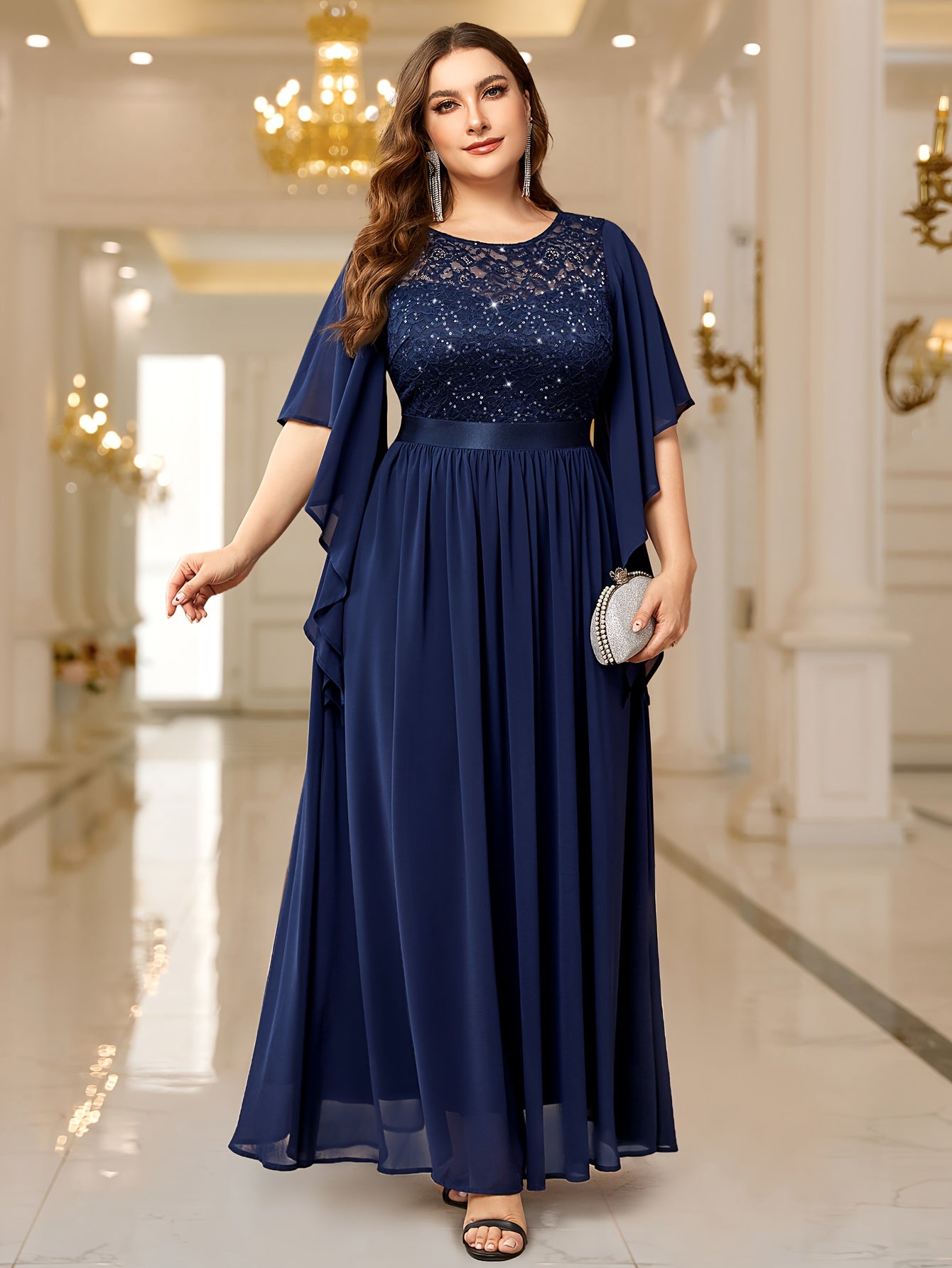 Elegant Plus Size Women's Butterfly Sleeve Sequin Lace Evening Dress .MH
