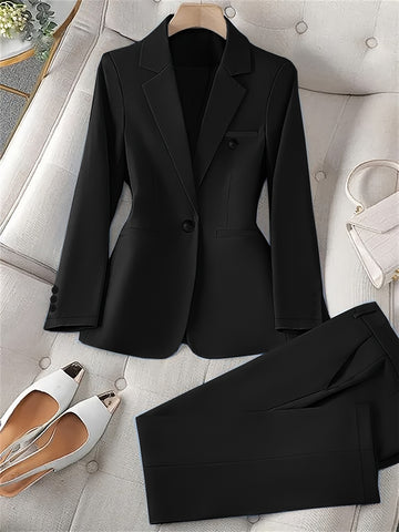Solid Color Elegant Pantsuits, Long Sleeve Lapel Collar Button Blazer.