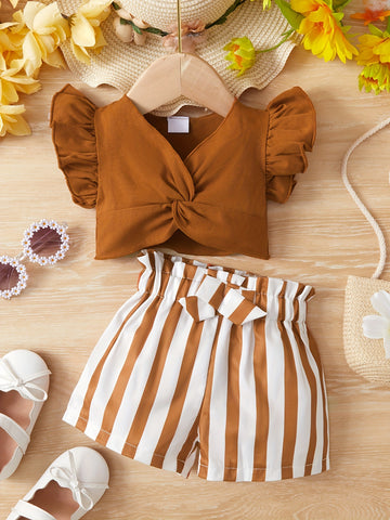 2pcs Baby Girls Solid Twist Fly Sleeve Cotton Top + Striped Bow Shorts Set