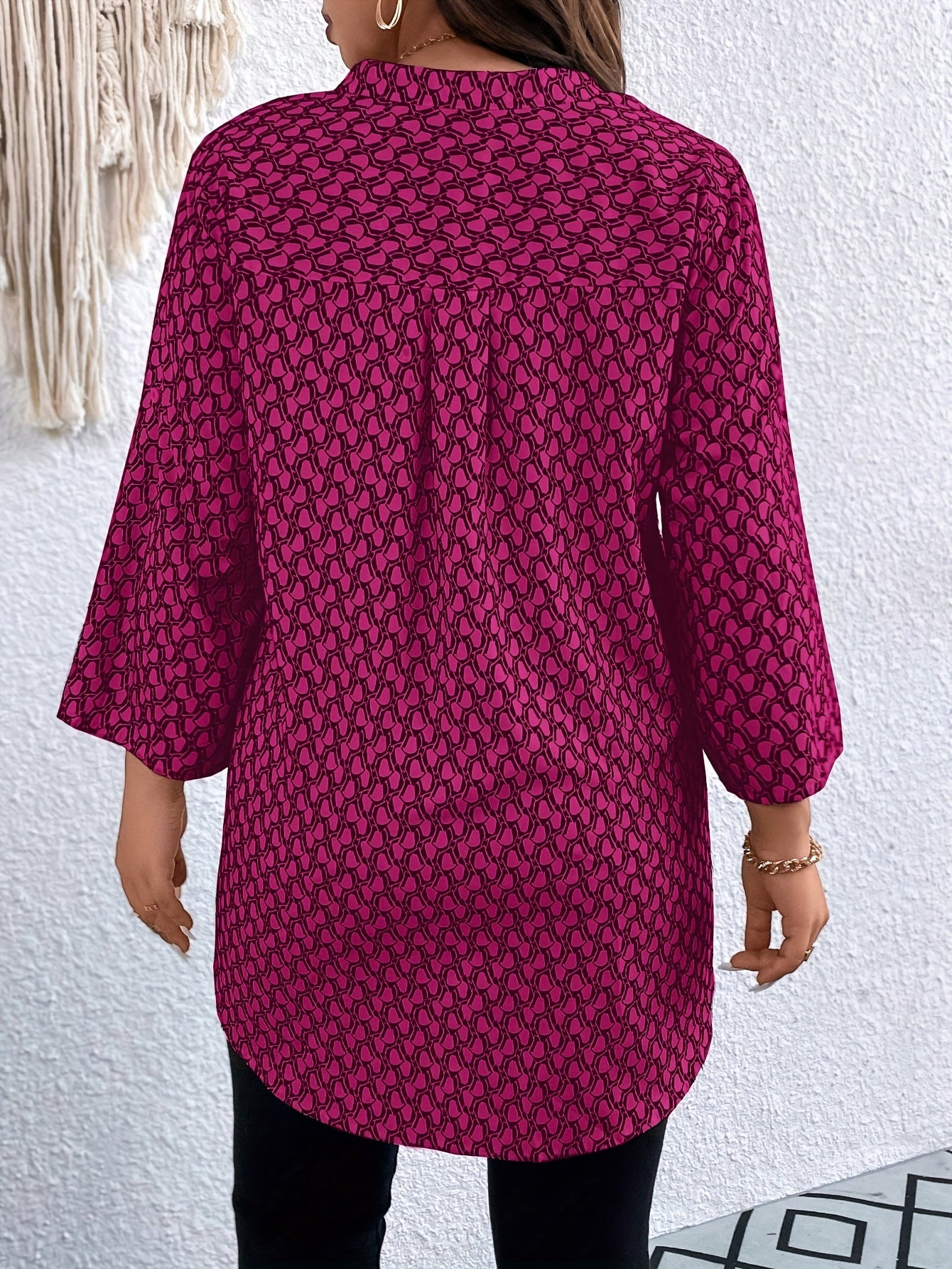 Plus Size Women's Allover Print Roll Up Sleeve Notched Neck Tunic Top Casual Blouse