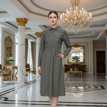 Premium Grey Herringbone Tweed Midi Shirt Dress Women– Long Sleeve Button-Down with Elastic Waist (S-XL) | MH