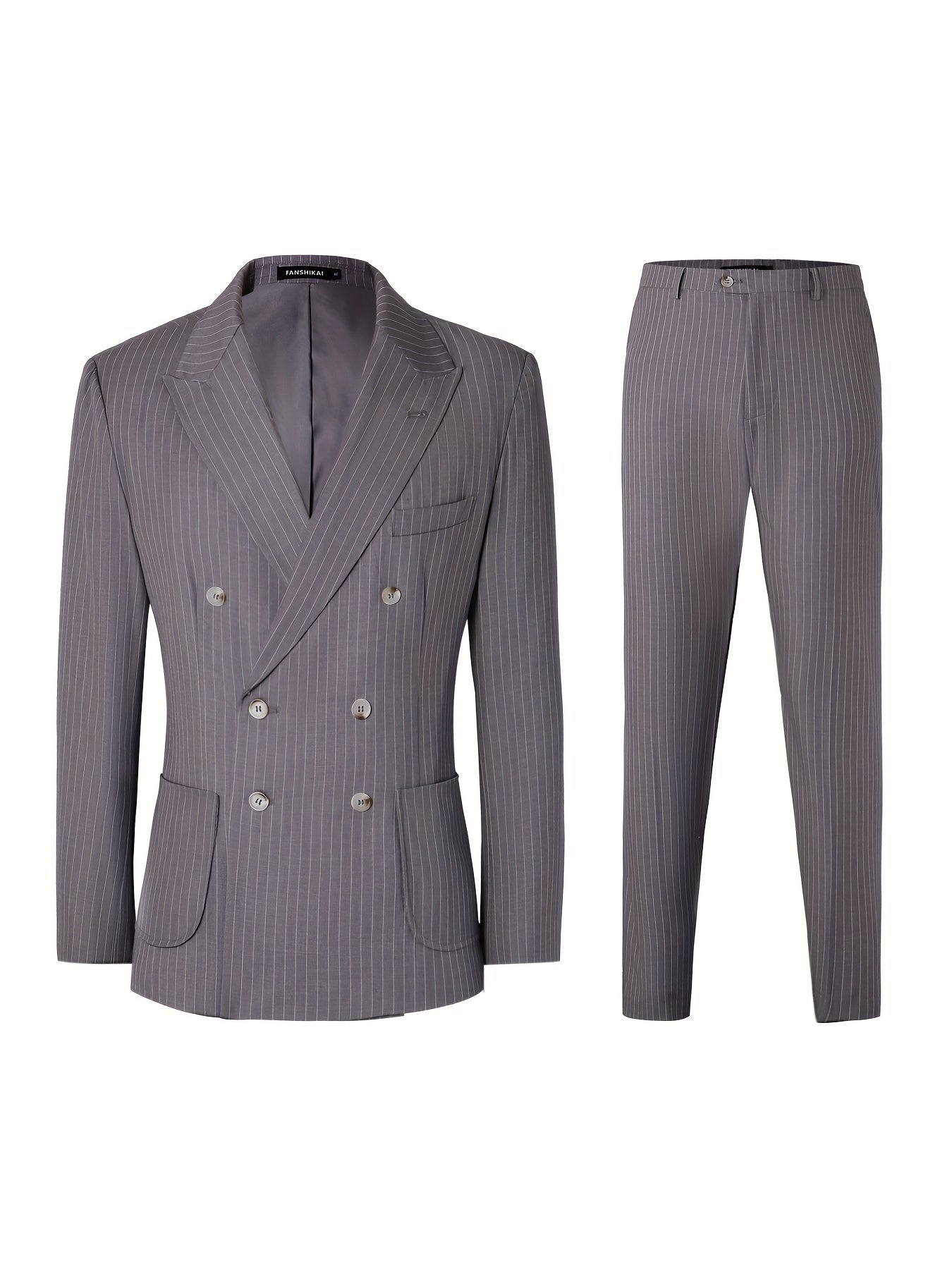 2-Piece Men's Light Business Style Double Breasted Striped Suit Set,