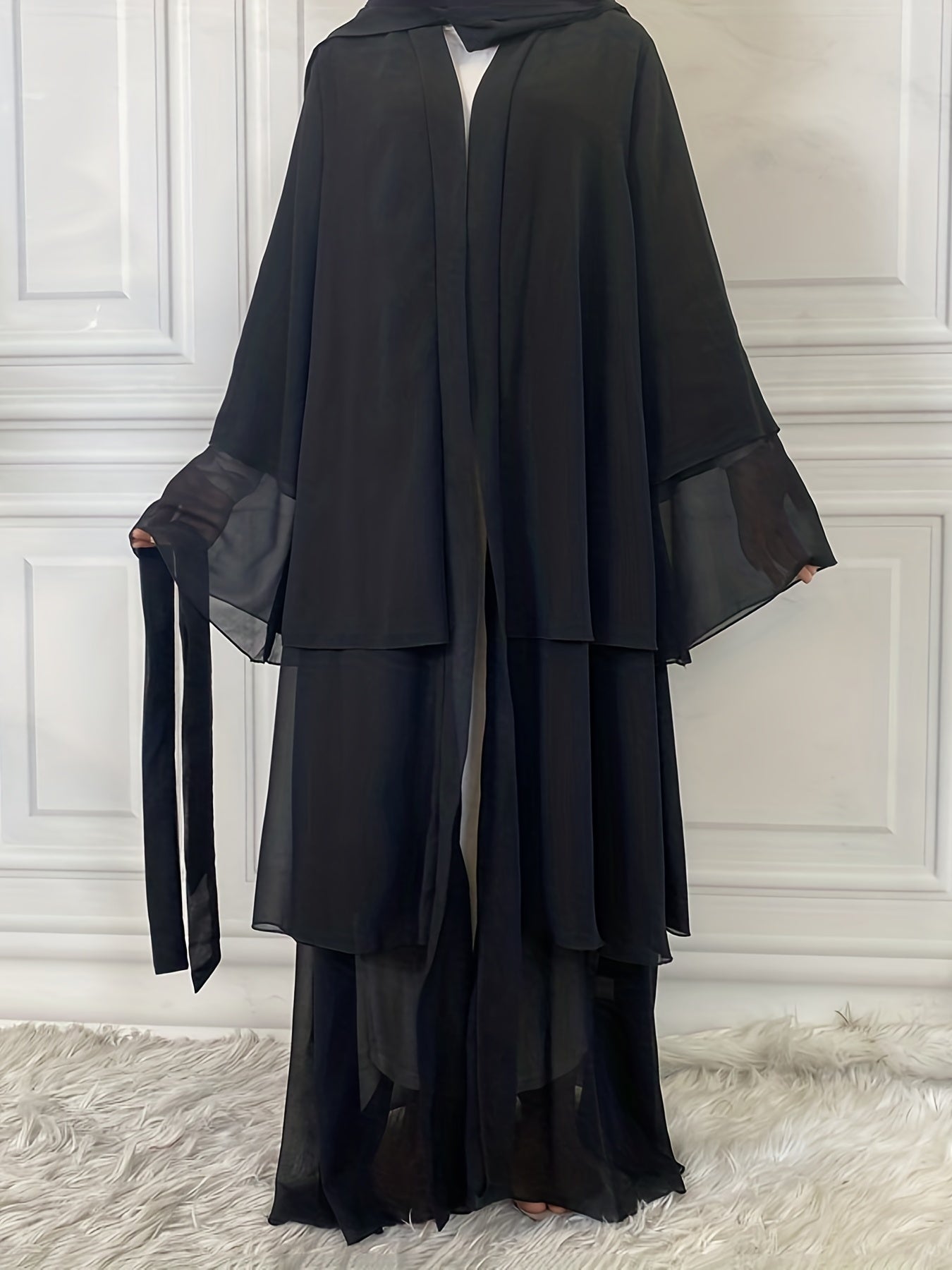 Layered Open Front Modest Dress, Long Sleeve Muslim Dress'/MH