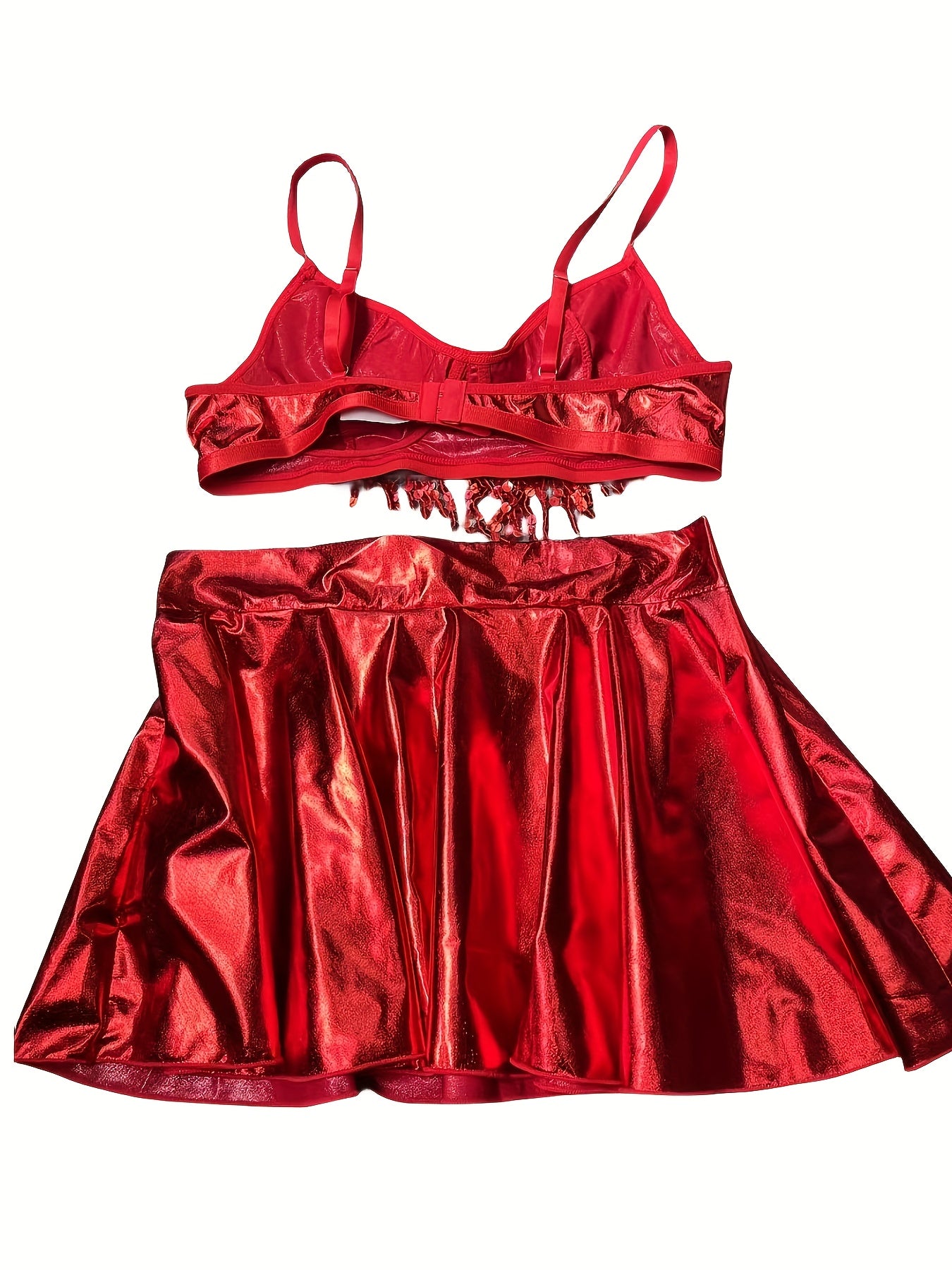 Solid PU Lingerie Set, Sequin Tassel Bra & Skirt & Thong, /MH