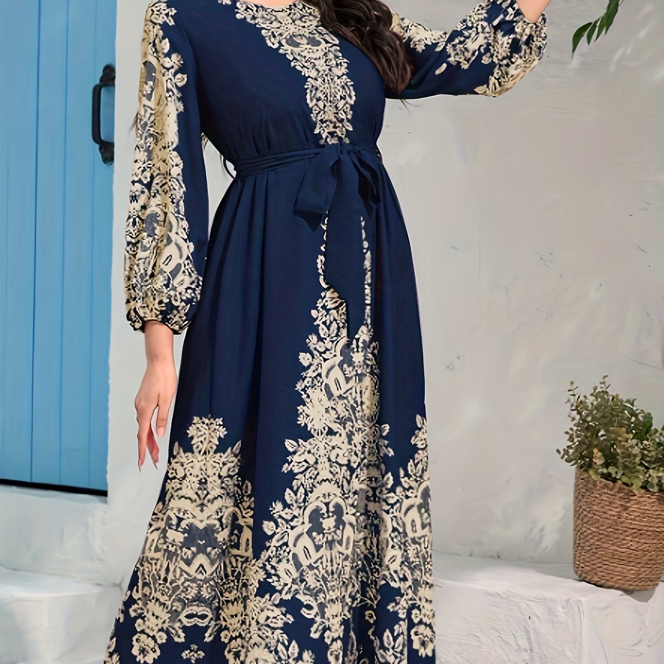 Graphic Print Tie Waist Kaftan Dress, /MH