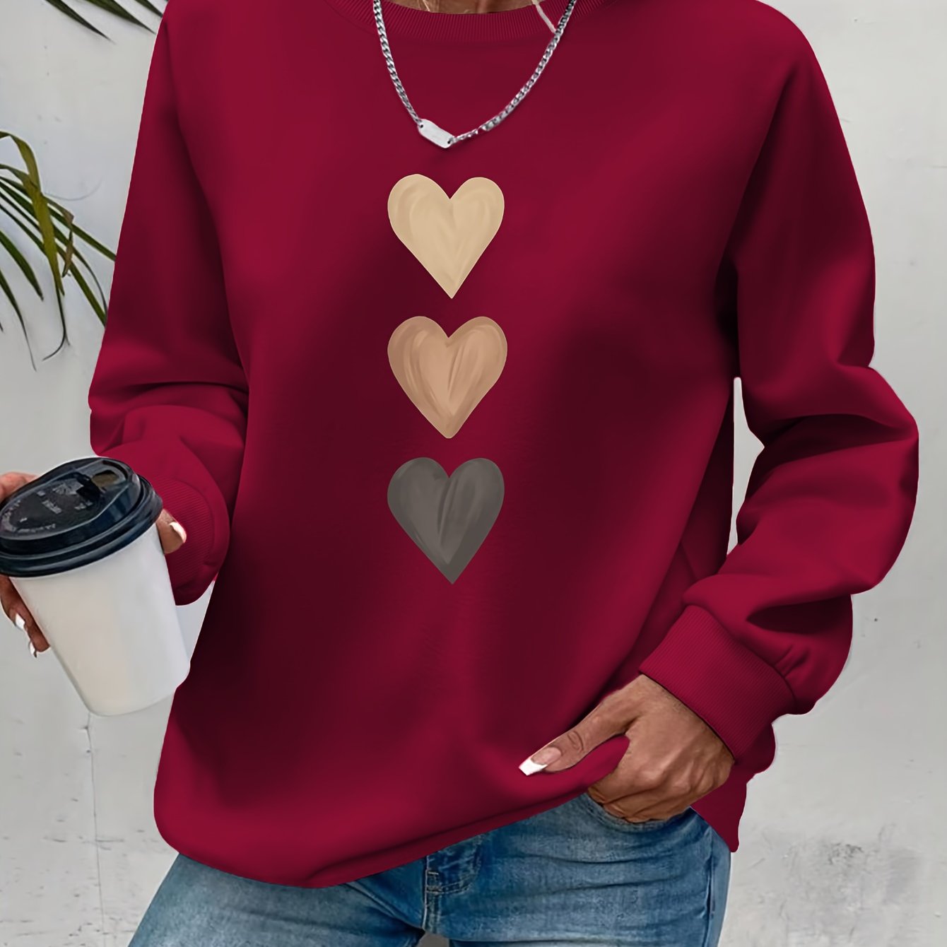 Women'S Long Sleeve Sweatshirt - Soft Pullover Sweater with Brown Heart Pattern,