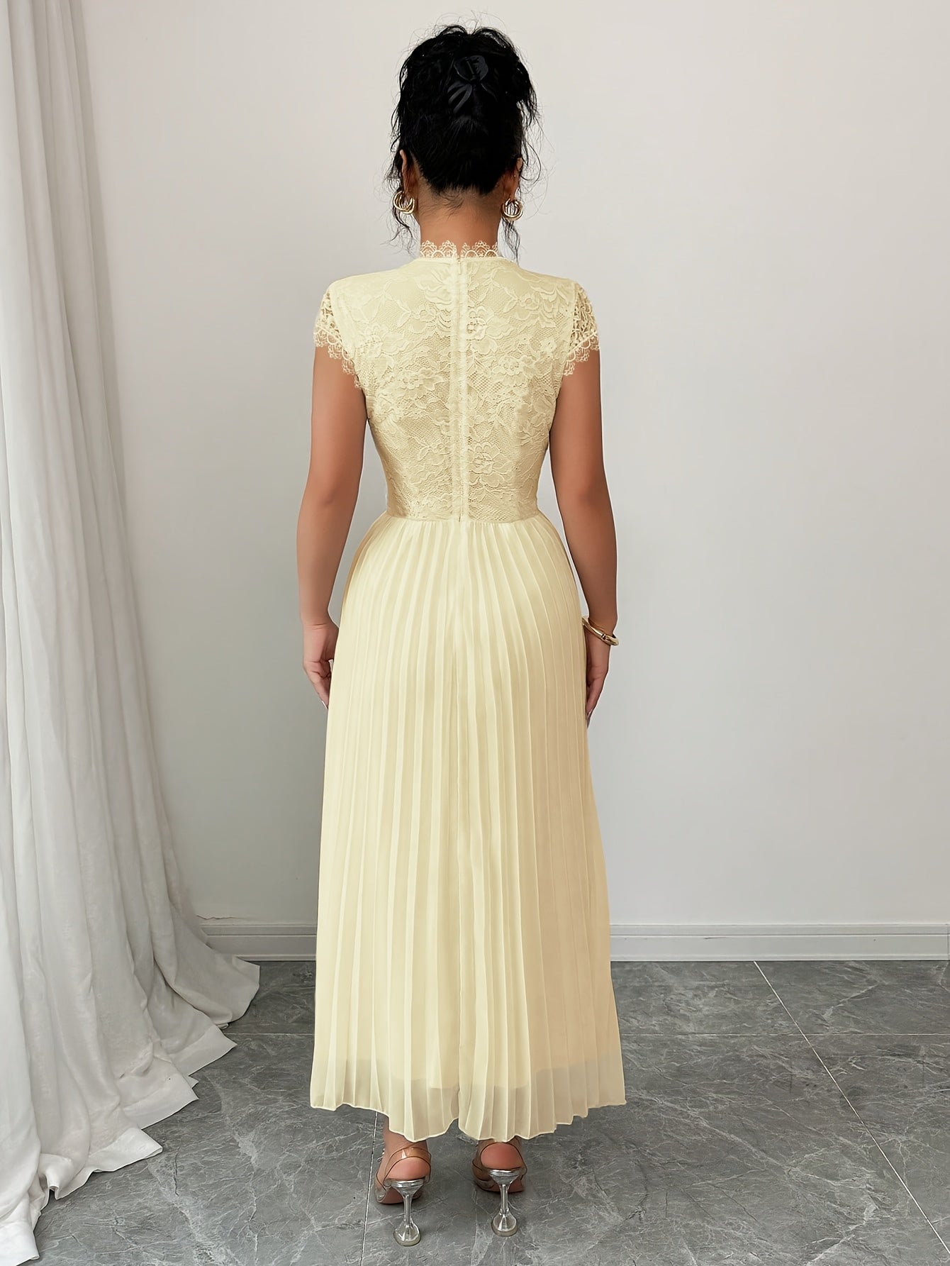 Women'S Elegant Black Floral Lace-Trimmed Pleated Maxi Dress -/MH
