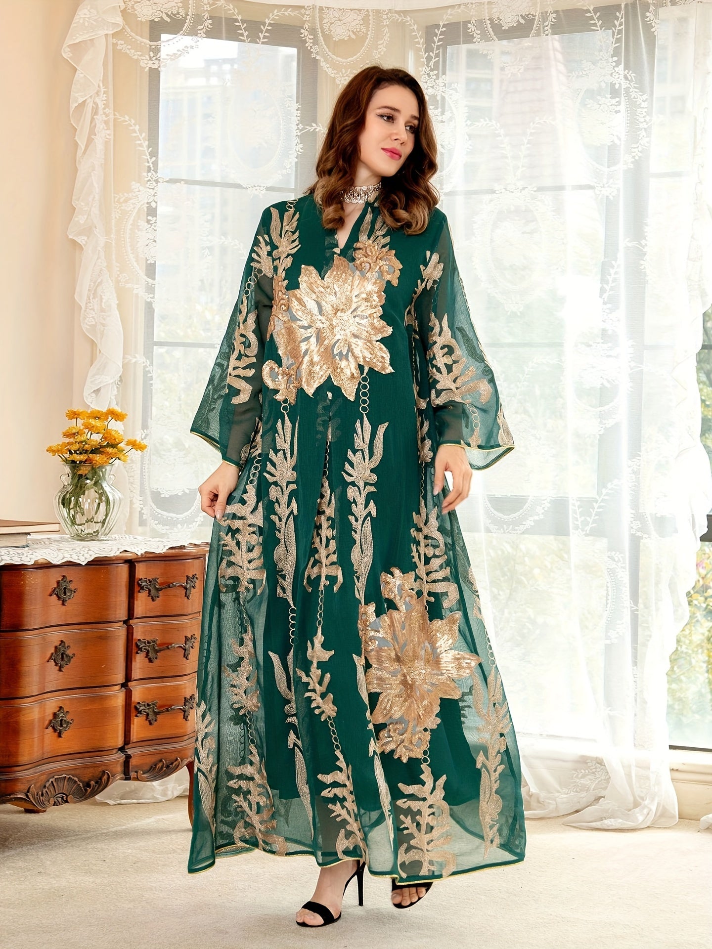 Ramadan Floral Pattern Notched Neck Kaftan Abayas, /MH