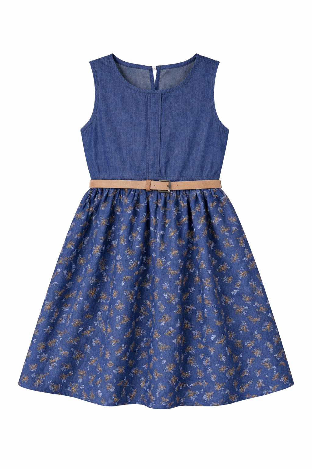 Sleeveless Navy Denim Floral Chambray Dress for Girls with Tan Belt | MH Kids Casual Sundress
