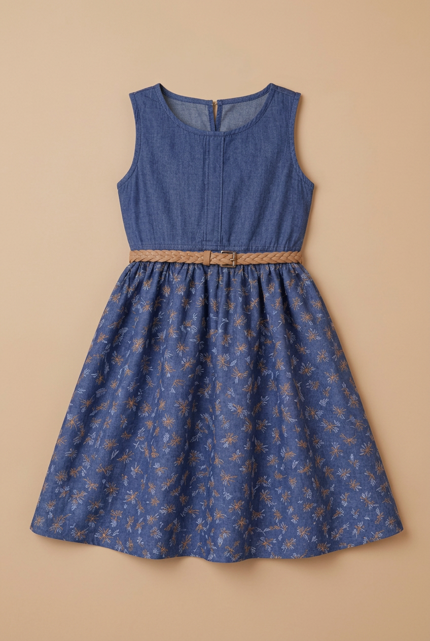 Sleeveless Navy Denim Floral Chambray Dress for Girls with Tan Belt | MH Kids Casual Sundress