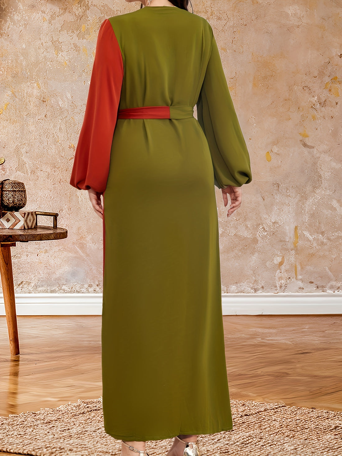 Elegant Green and Orange V-Neck Dress with Belt - Long Sleeve,/MH