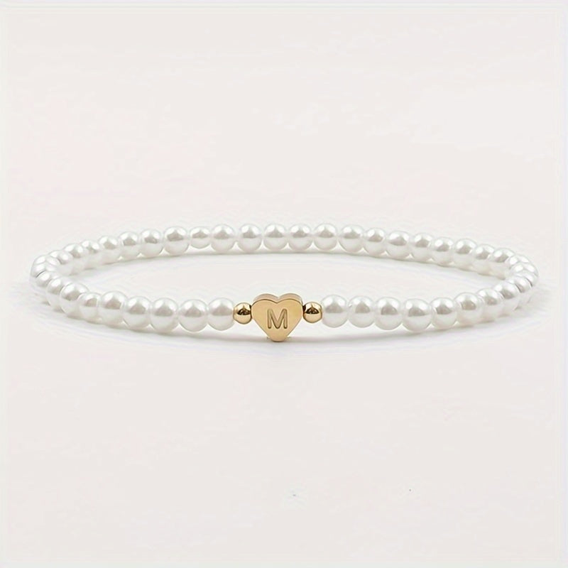1pc Classic Initial A-Z Lettering Heart Faux Pearl Beaded Bracelet, Elegant Party Jewelry Birthday Gift For Teen Girls