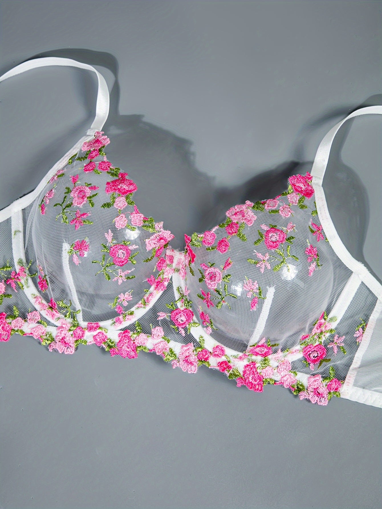 1 Set Floral Embroidery Lingerie Set, Mesh Semi Sheer Bra & Panties,/MH