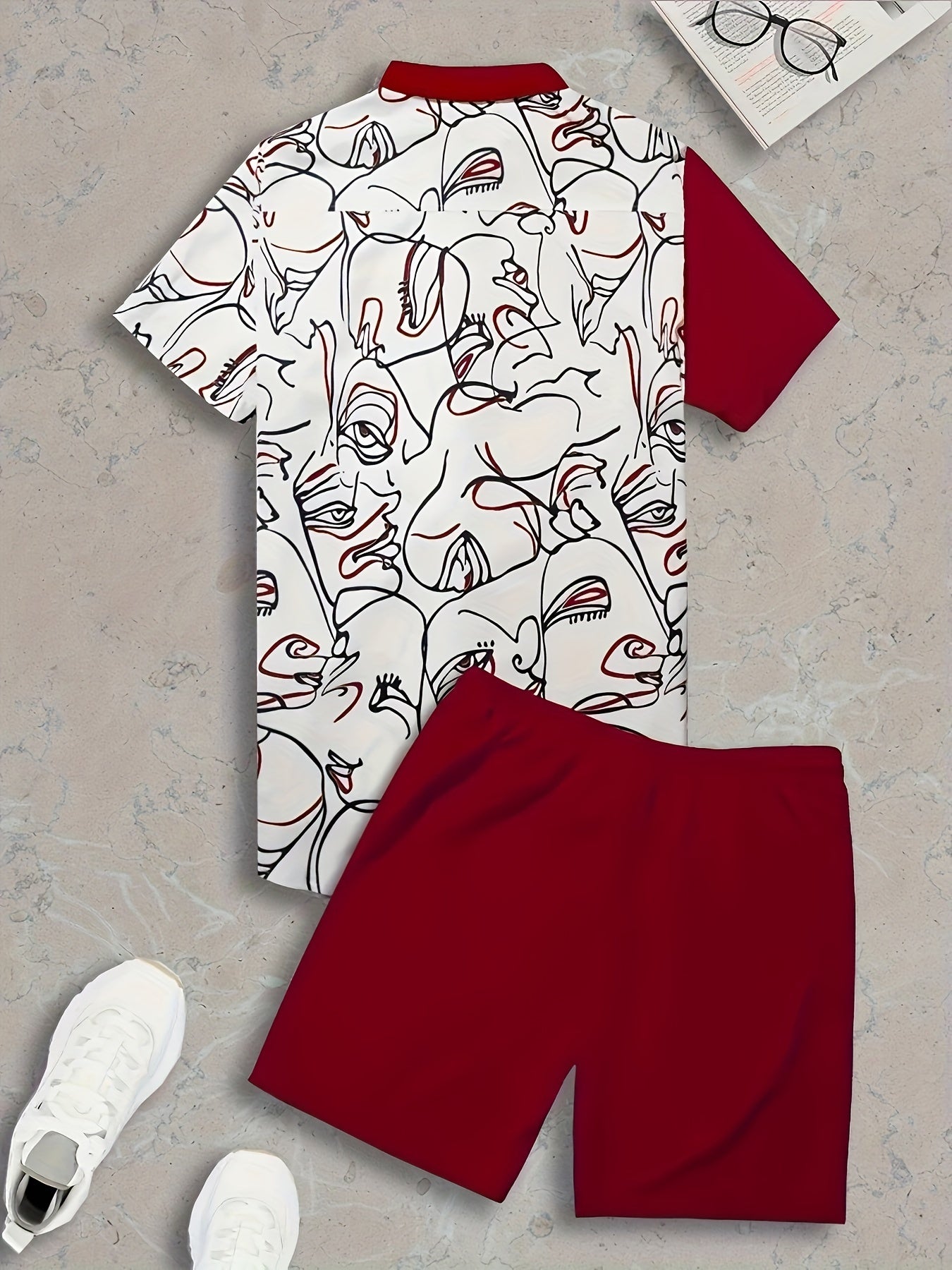 Abstract Painting Print, Men's 2Pcs Outfits, Casual Camp Collar Lapel Button Up.