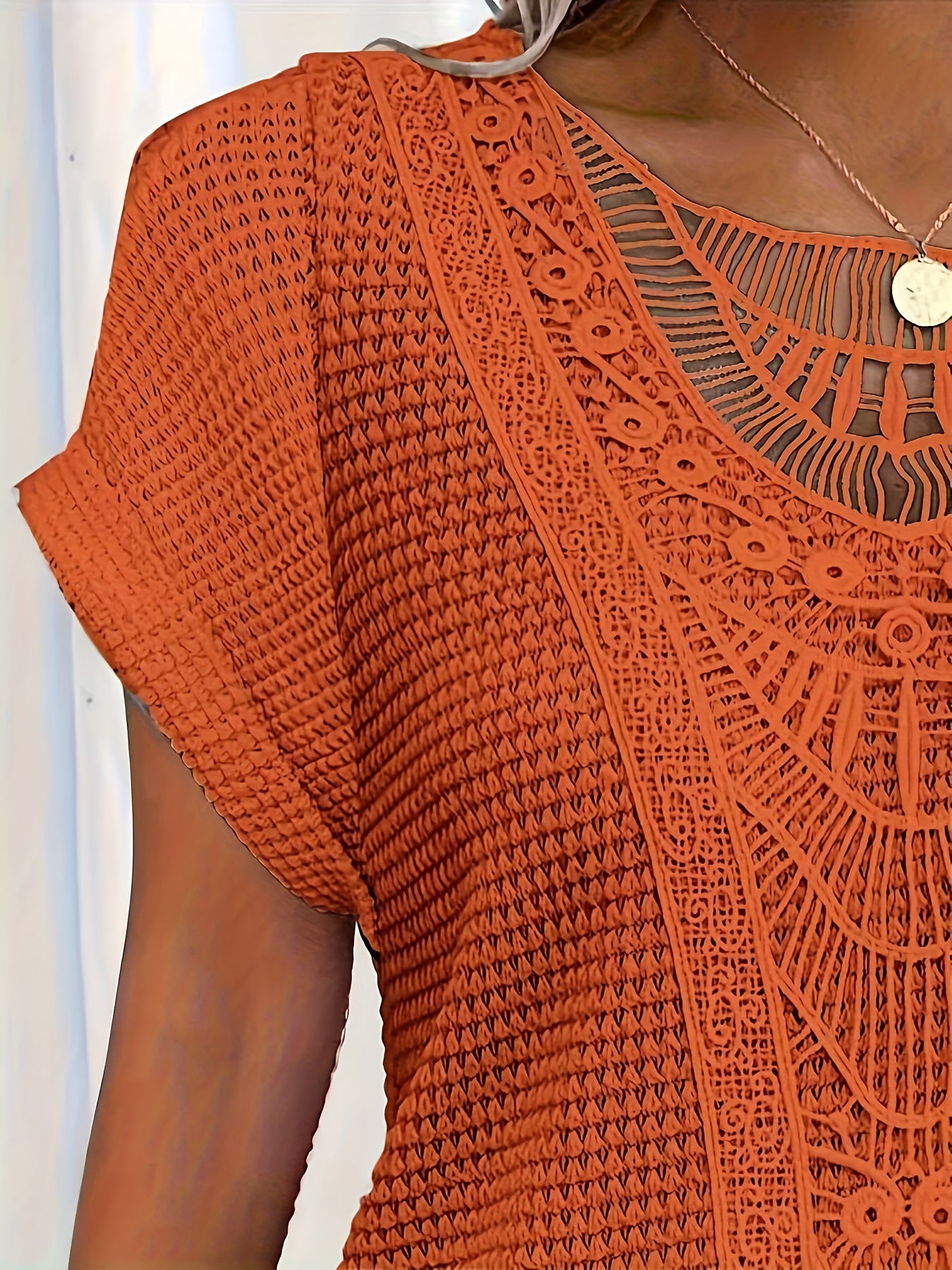 Lace Splicing Crew Neck T-shirt, Casual Short Sleeve Top For Spring & Summer, Women's Clothing