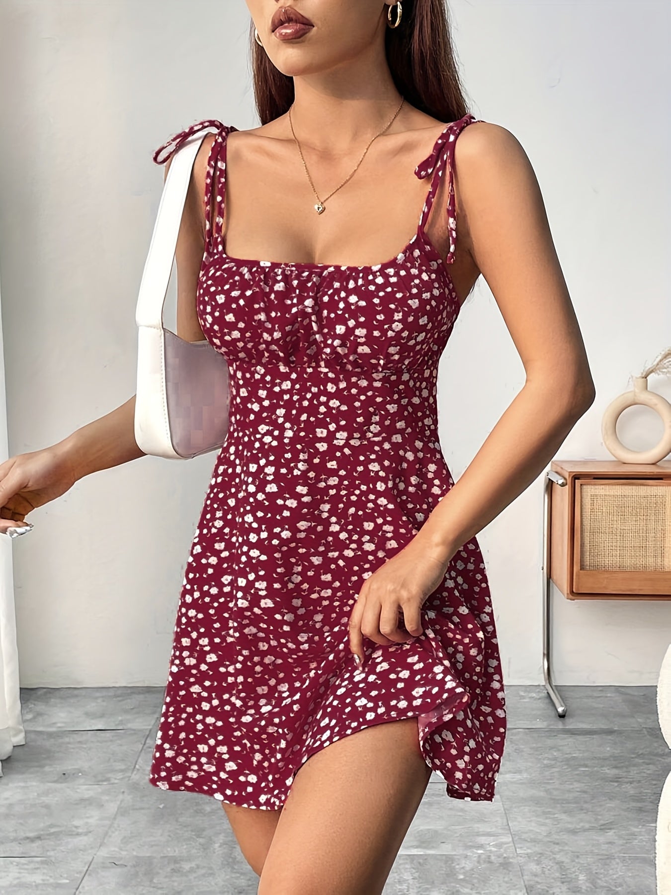 [Elegant Cami Dress] Elegant Floral Print Cami Dress |