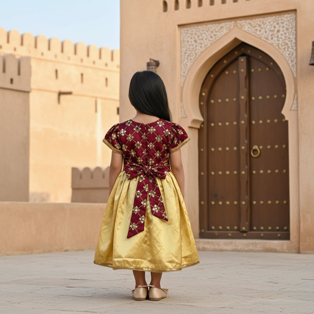 Omani Heritage Burgundy & Gold Toddler Dress - Festive Sequin Embroidery (Age 2 Years) 
Quantity 1pc
Size 2y
