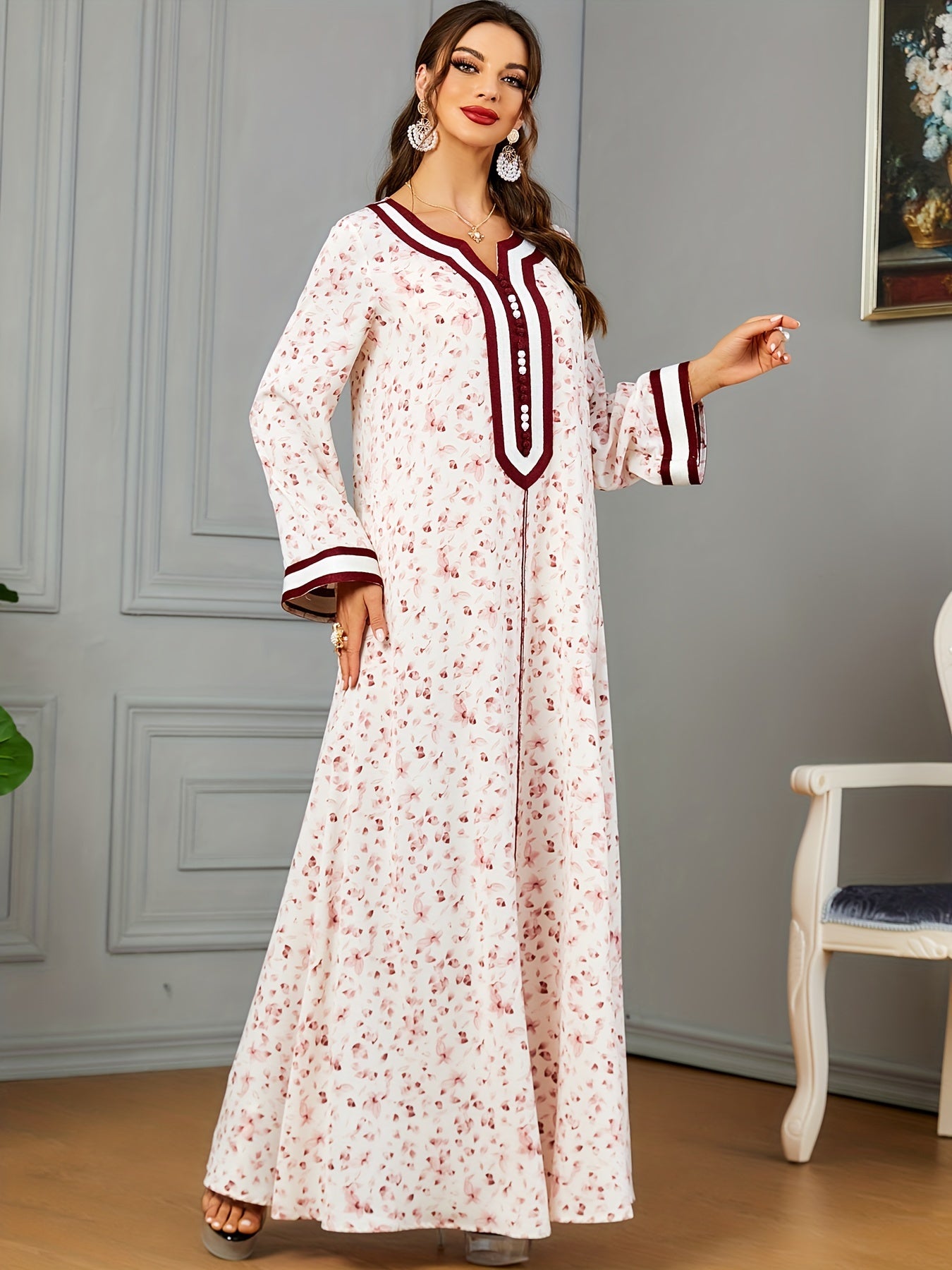 Floral Print Notch Neck Kaftan, Elegant Long Sleeve Maxi women fashion ;/MH