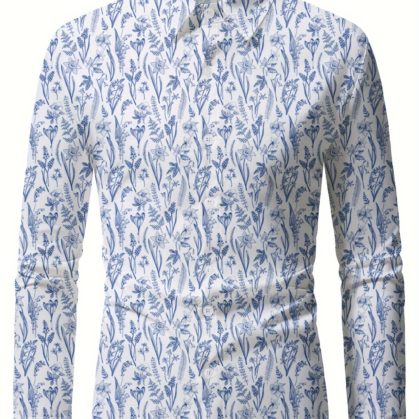 Men's Plants Pattern Allover Print Lapel Collar Design Dress Shirts,