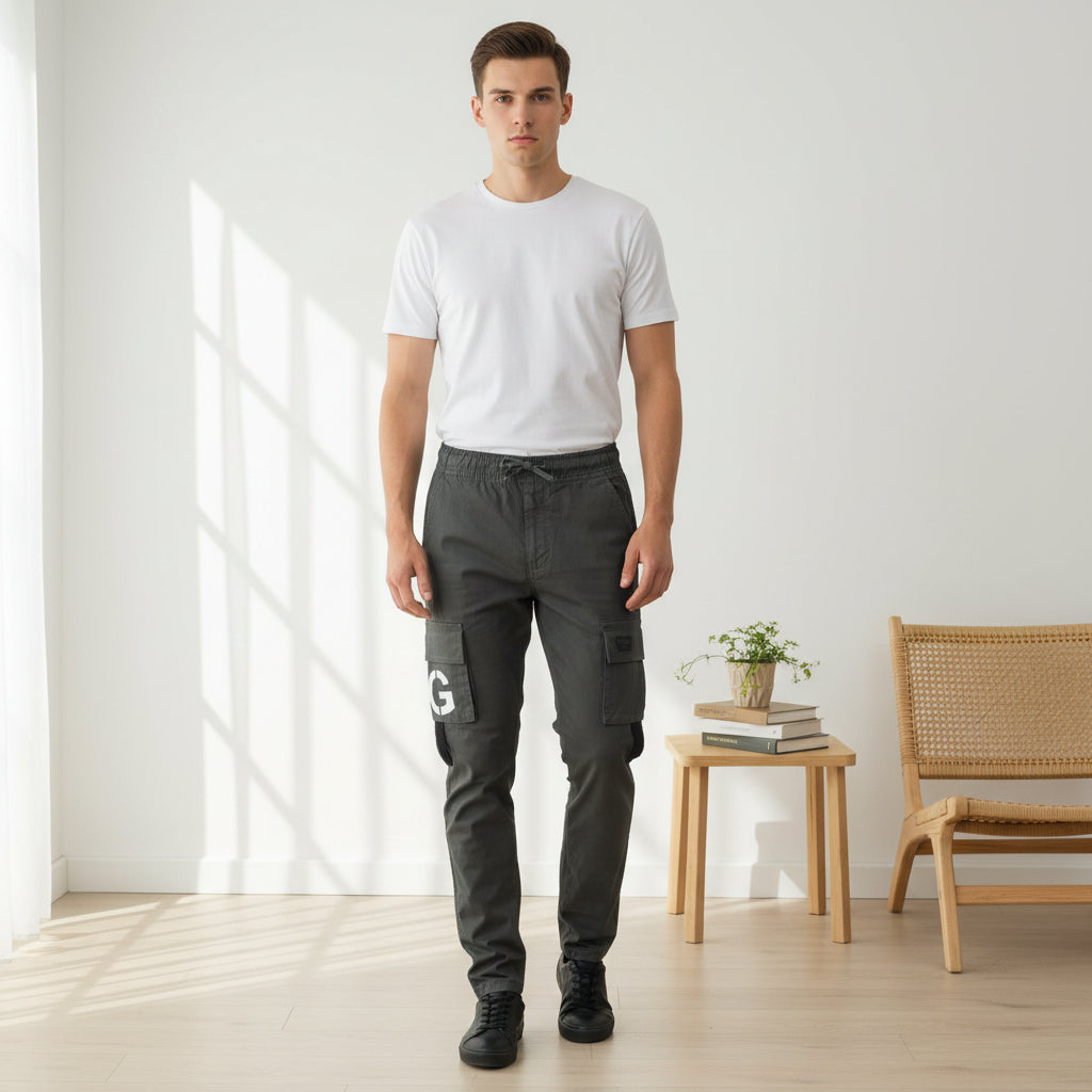Men’s Dark Grey Cargo Jogger Pants 17-24 Years - Casual Drawstring Trousers with Pockets | MH