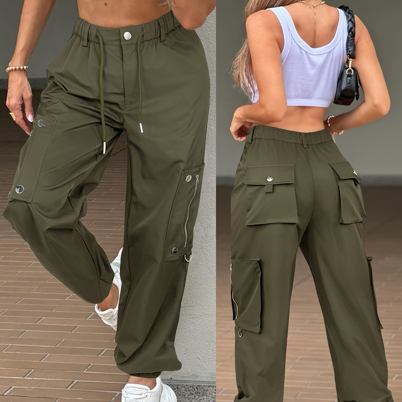SwaKAKI Women's High-Waist Cargo Tapered Pants we Gre, /MH