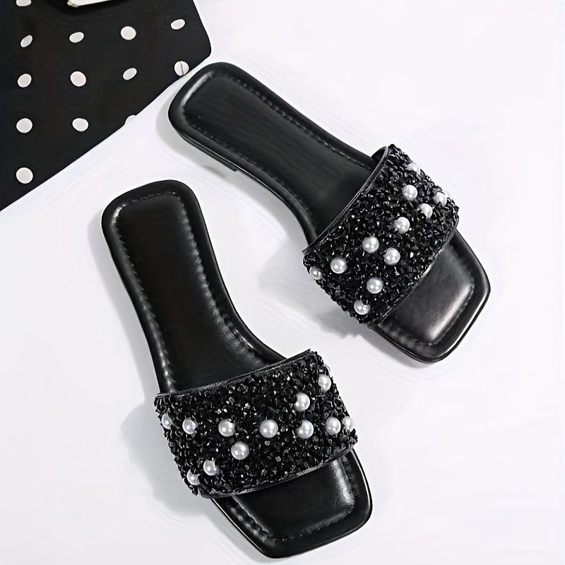 Women'S Elegant Black Pearl-Embellished Flat Sandals ./MH