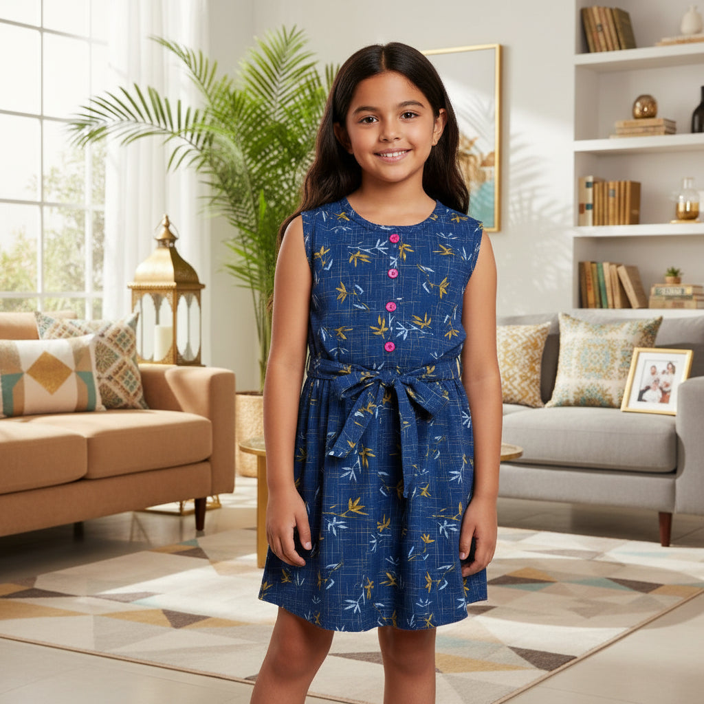 Girls Navy Blue Bamboo Print Sleeveless Dress with Belt | MH Kids Summer Casual Dress Age(2-12Years)