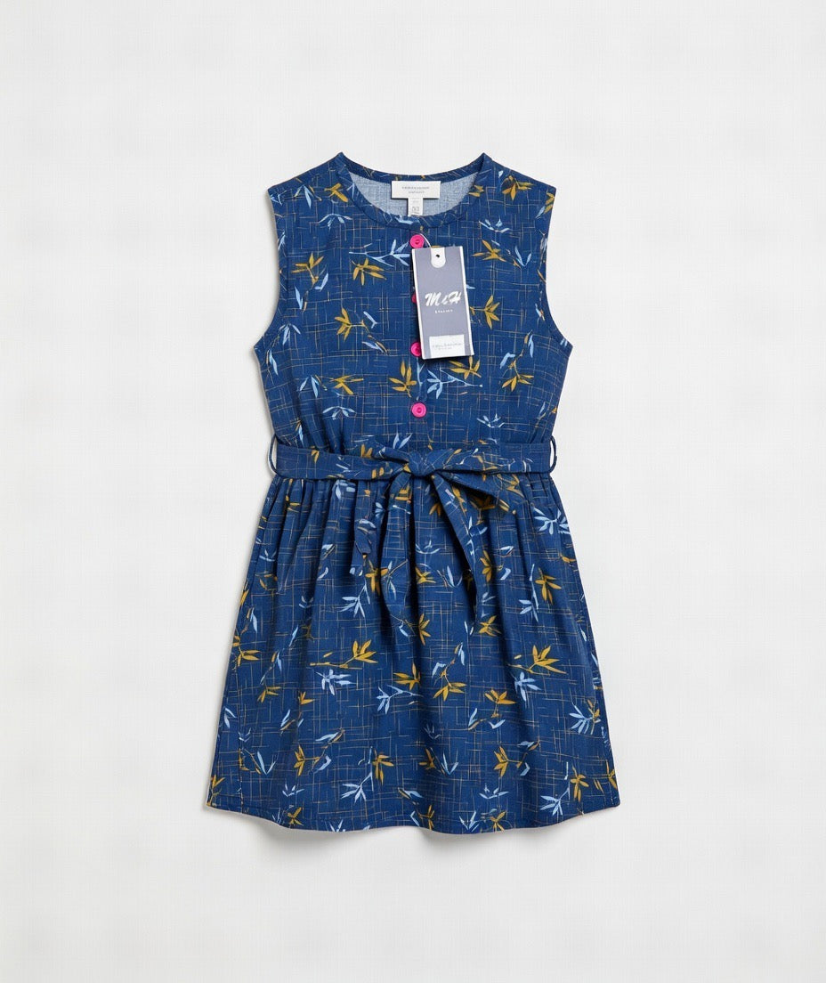 Girls Navy Blue Bamboo Print Sleeveless Dress with Belt | MH Kids Summer Casual Dress Age(2-12Years)