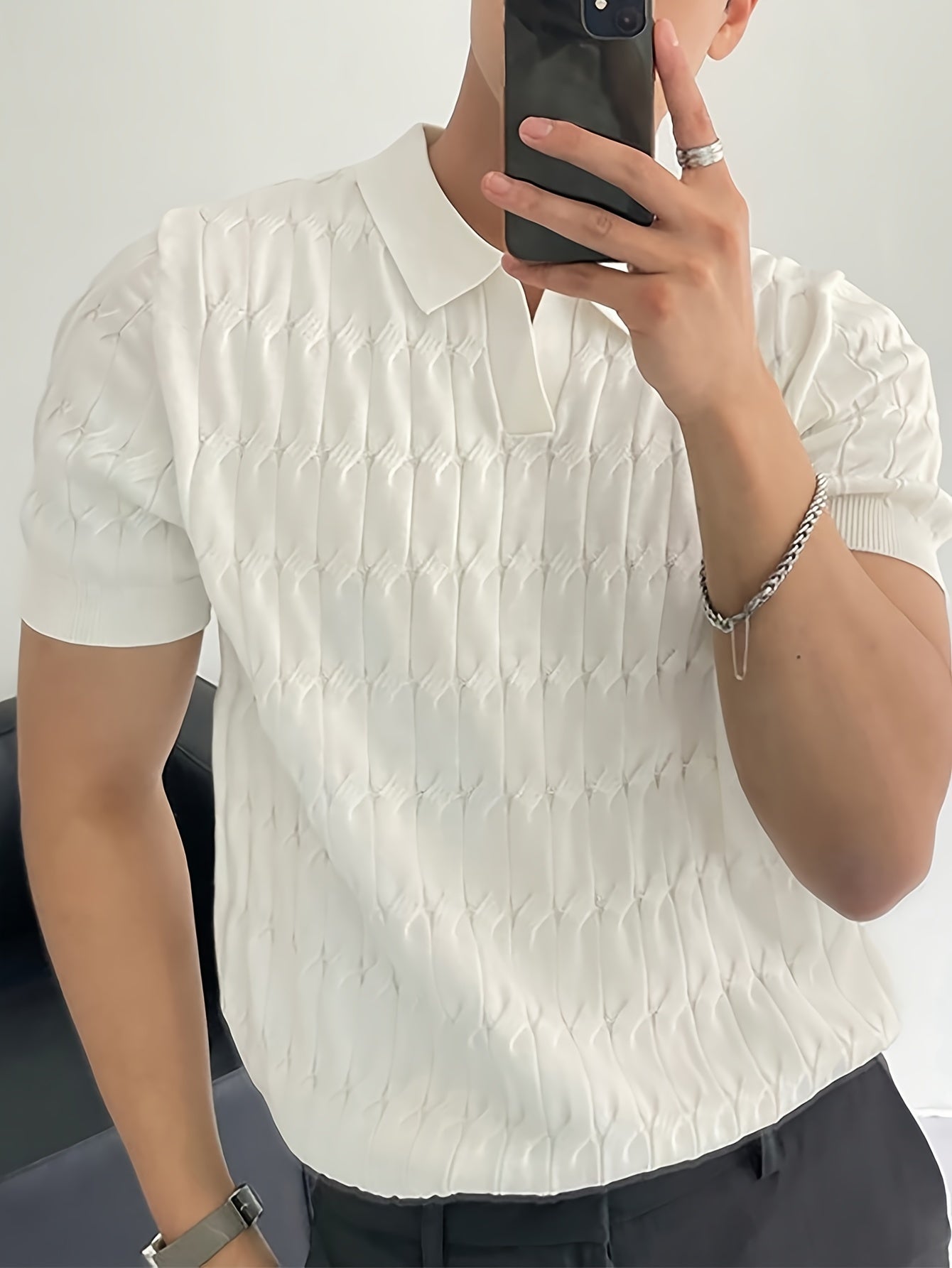 Chic Knit Shirt, Men's Casual Lapel Mid Stretch V-Neck Pullover Sweater