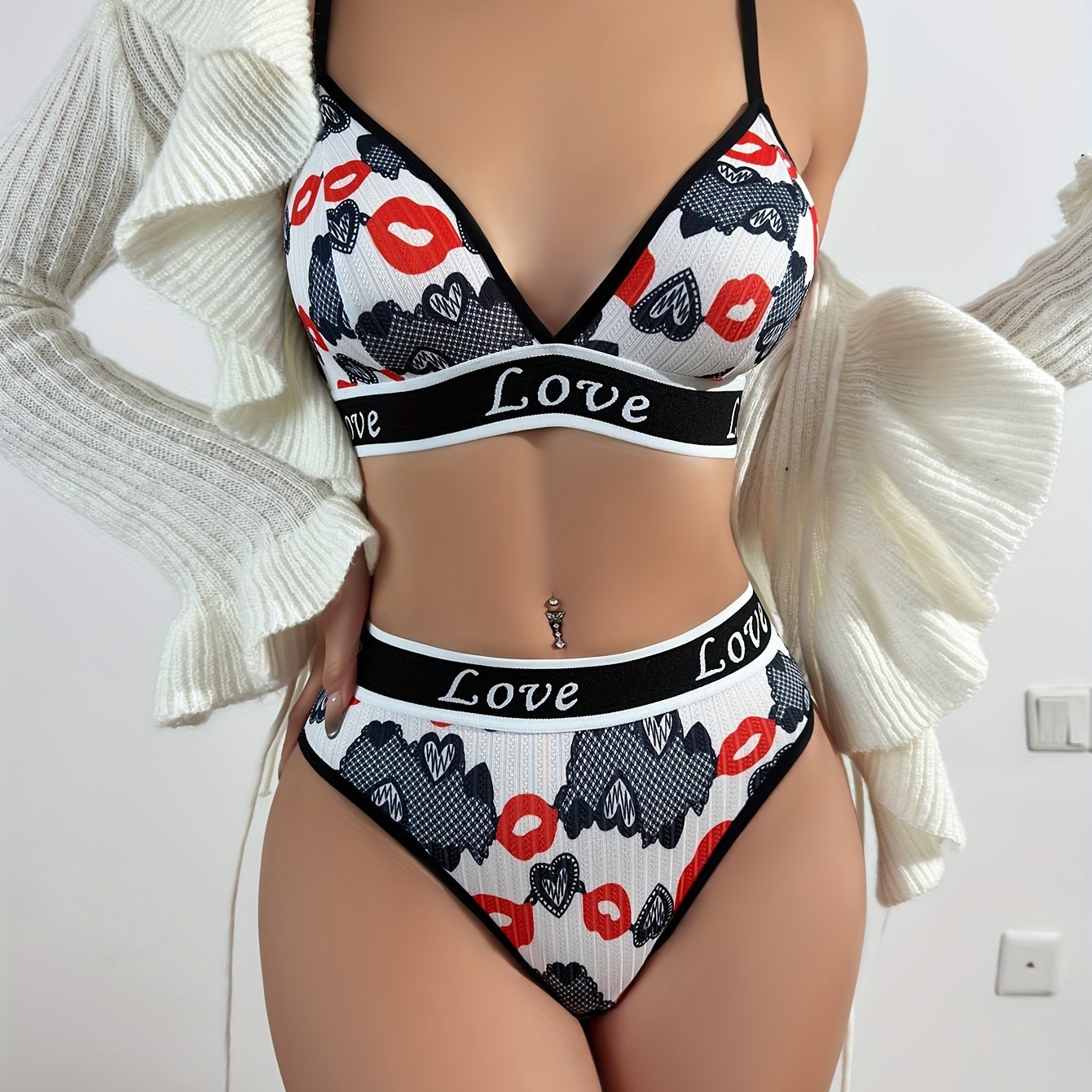 Heart Print Bra & Panty, Breathable Bra & Panties Lingerie Set,/MH