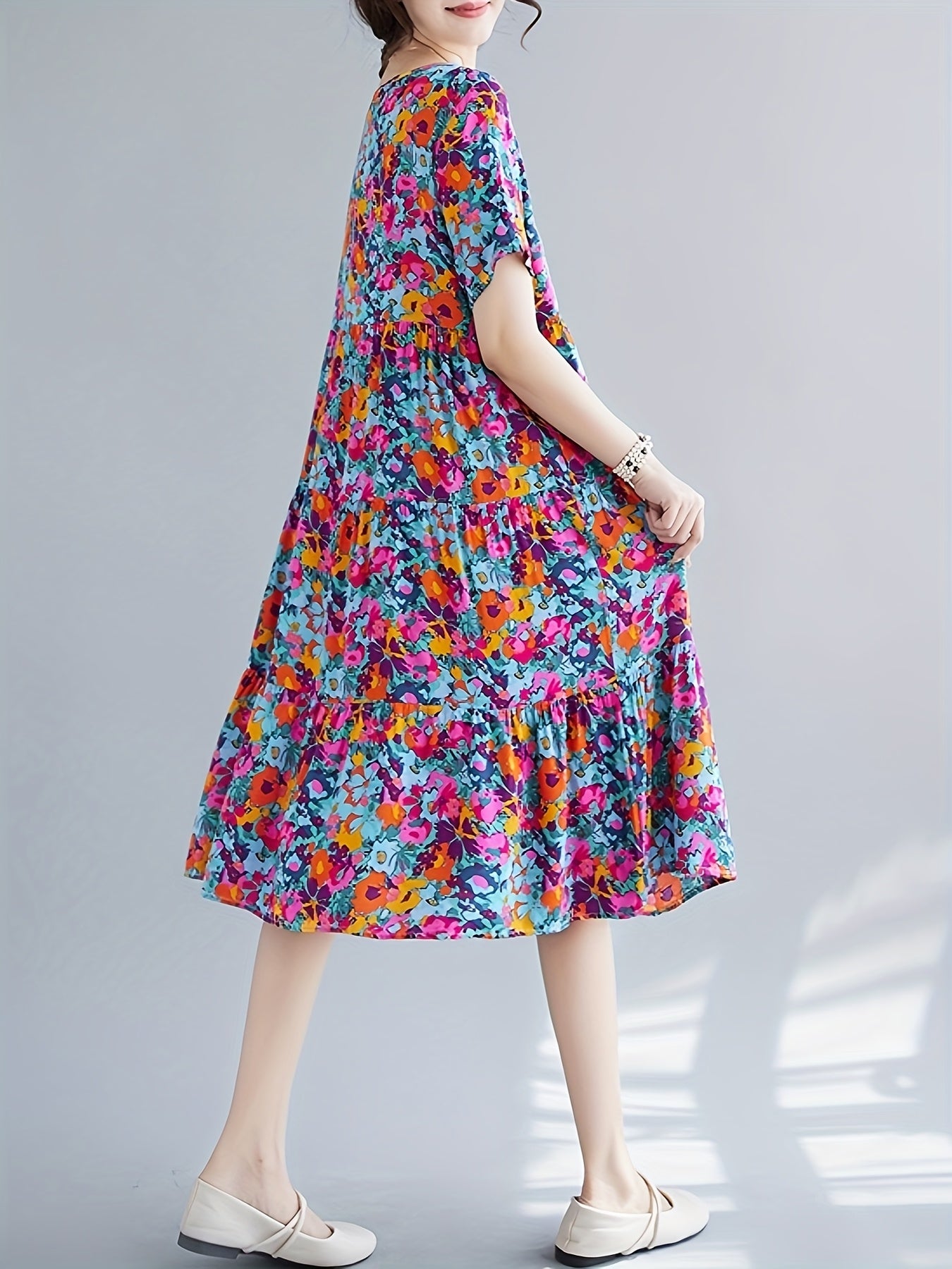 Paisley Print Crew Neck Dress, Casual Short Sleeve Loose Fit Dress./MH
