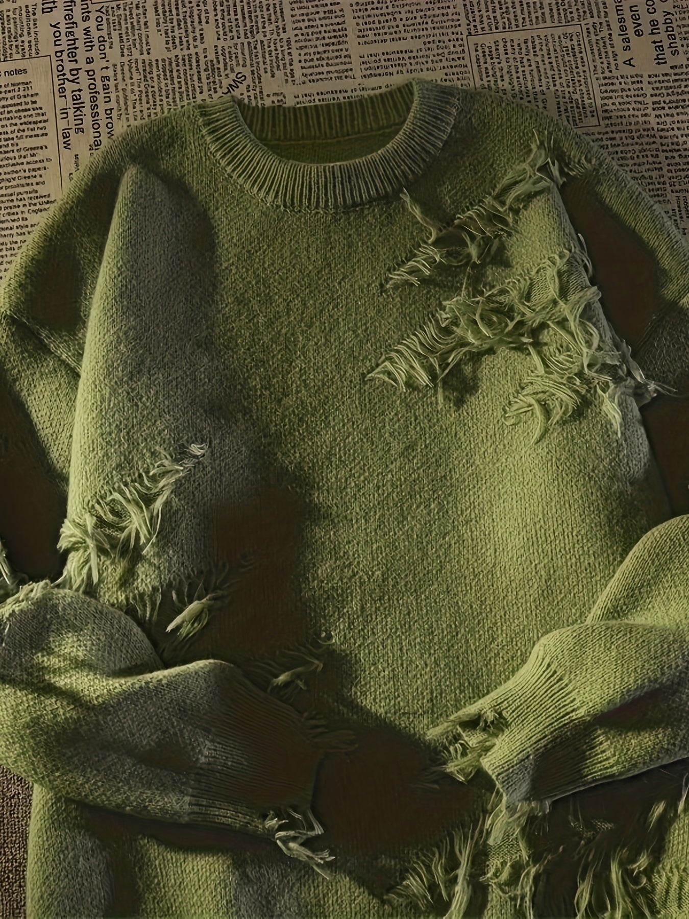 Solid Color Crew Neck Pullover Sweater, Casual Ripped Tassel Long Sleeve.