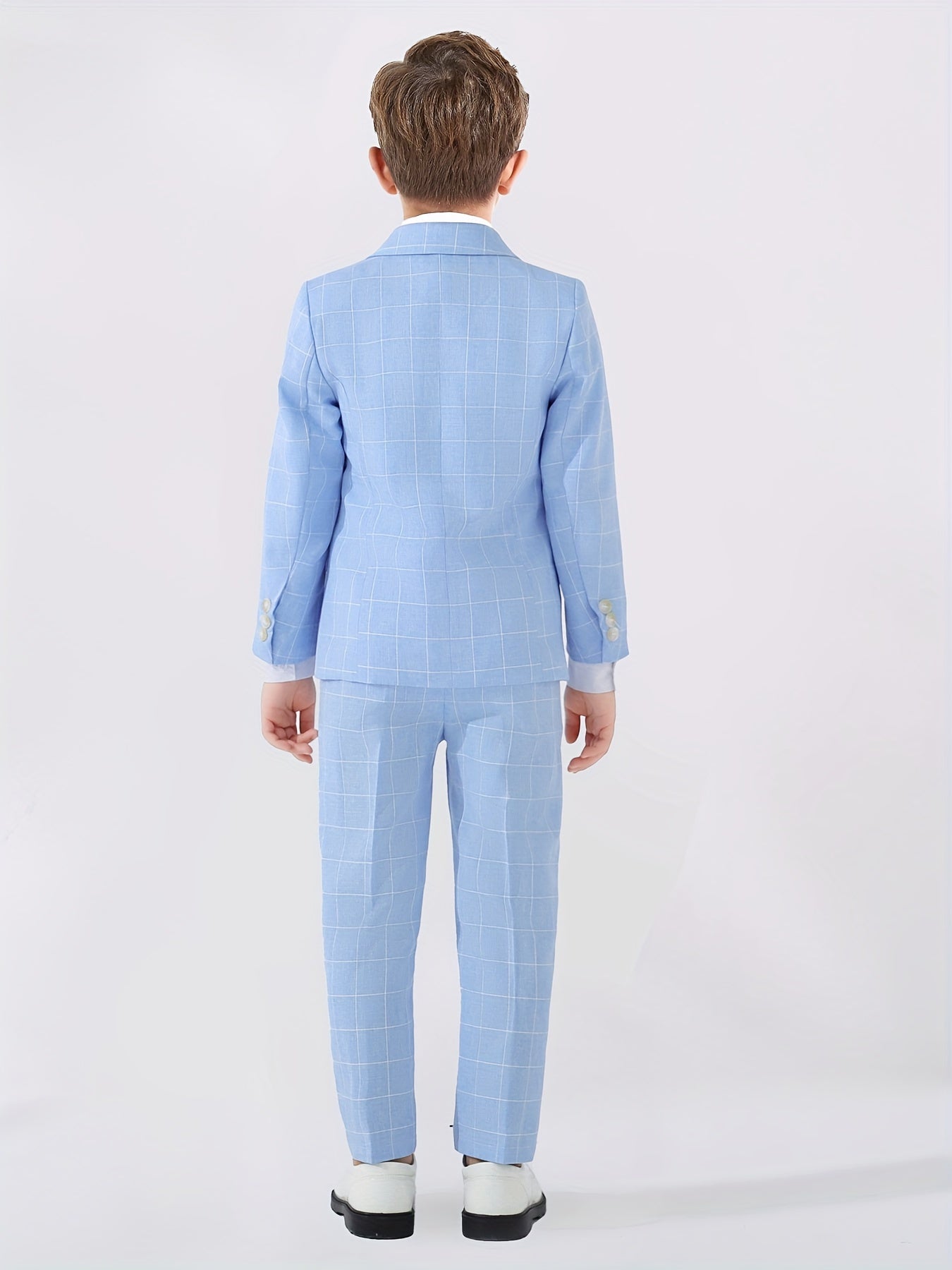 3pcs Boys Formal Plaid Gentleman Outfits, Long Sleeve Blazer.